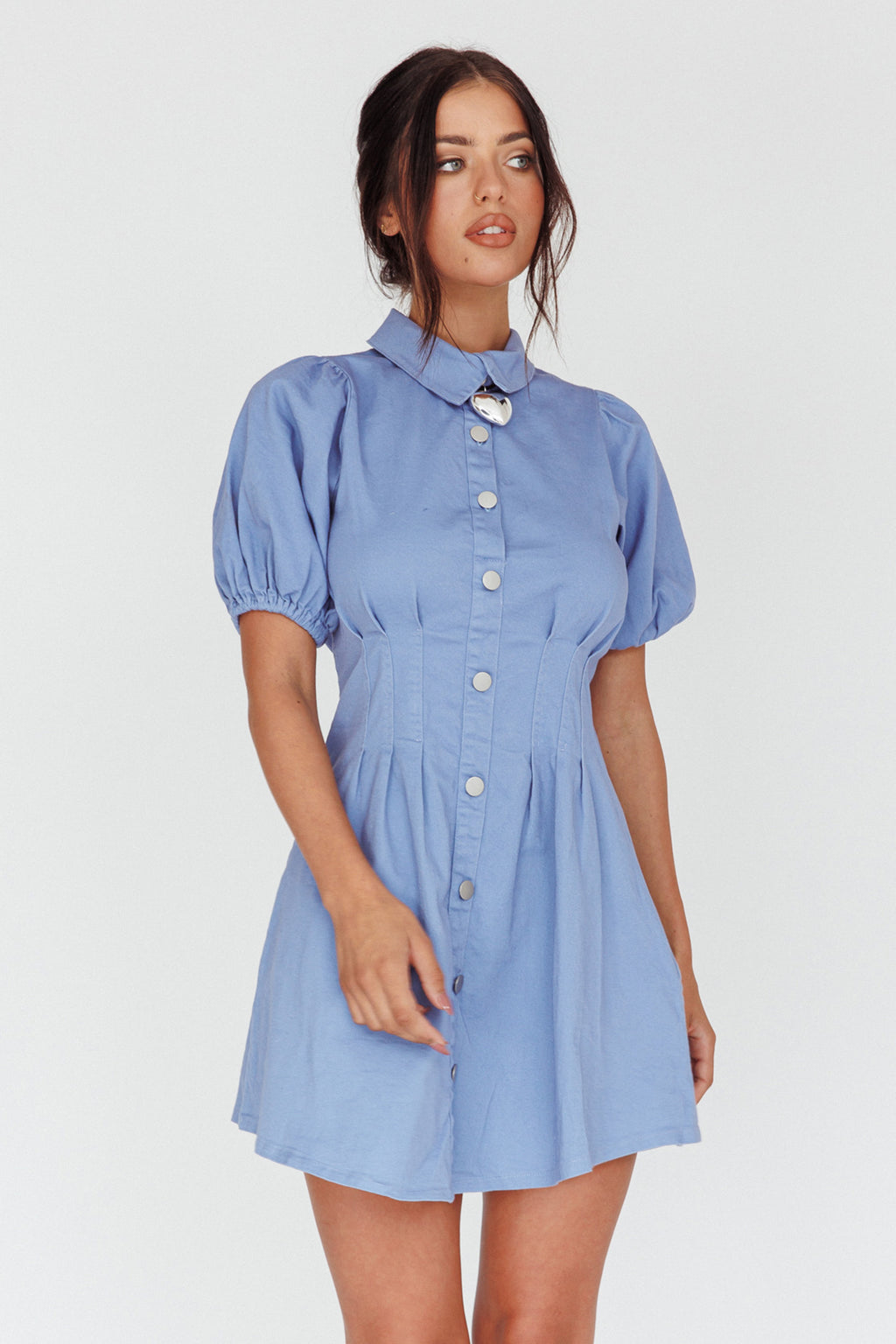 Zurich Pleated Waist Shirt Dress Blue by Selfie Leslie Australia