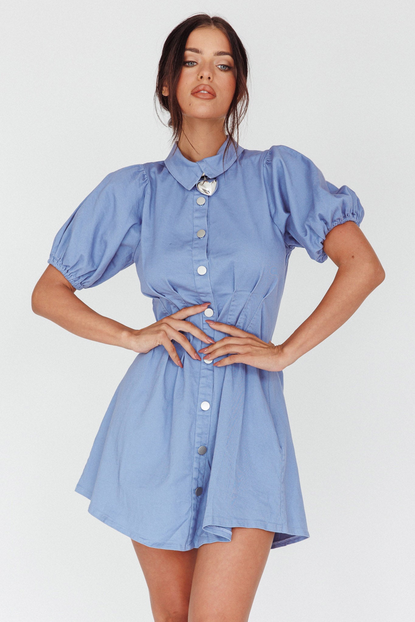 Zurich Pleated Waist Shirt Dress Blue by Selfie Leslie Australia