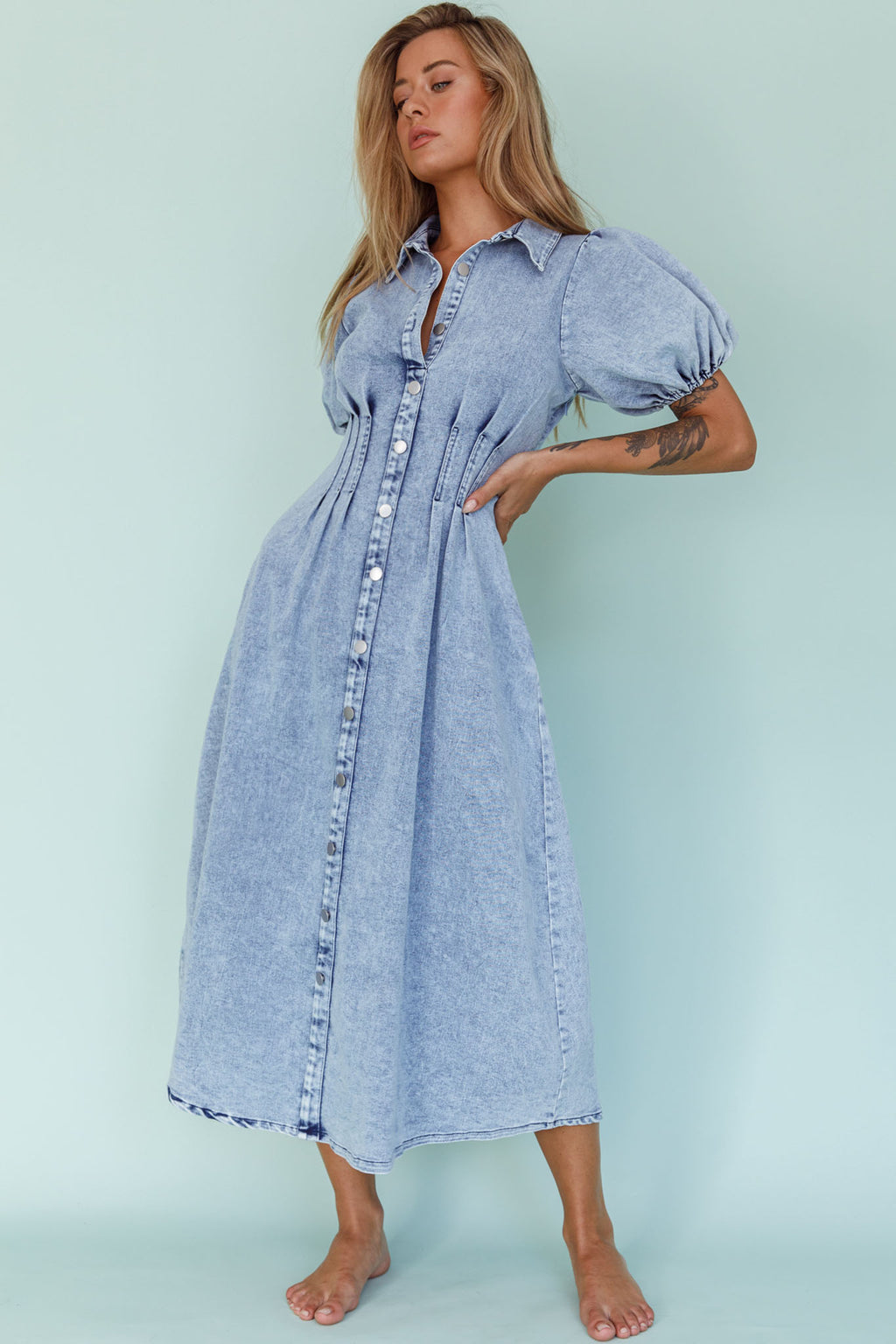 Zurich Pleated Waist Midi Dress Denim Blue by Selfie Leslie Australia