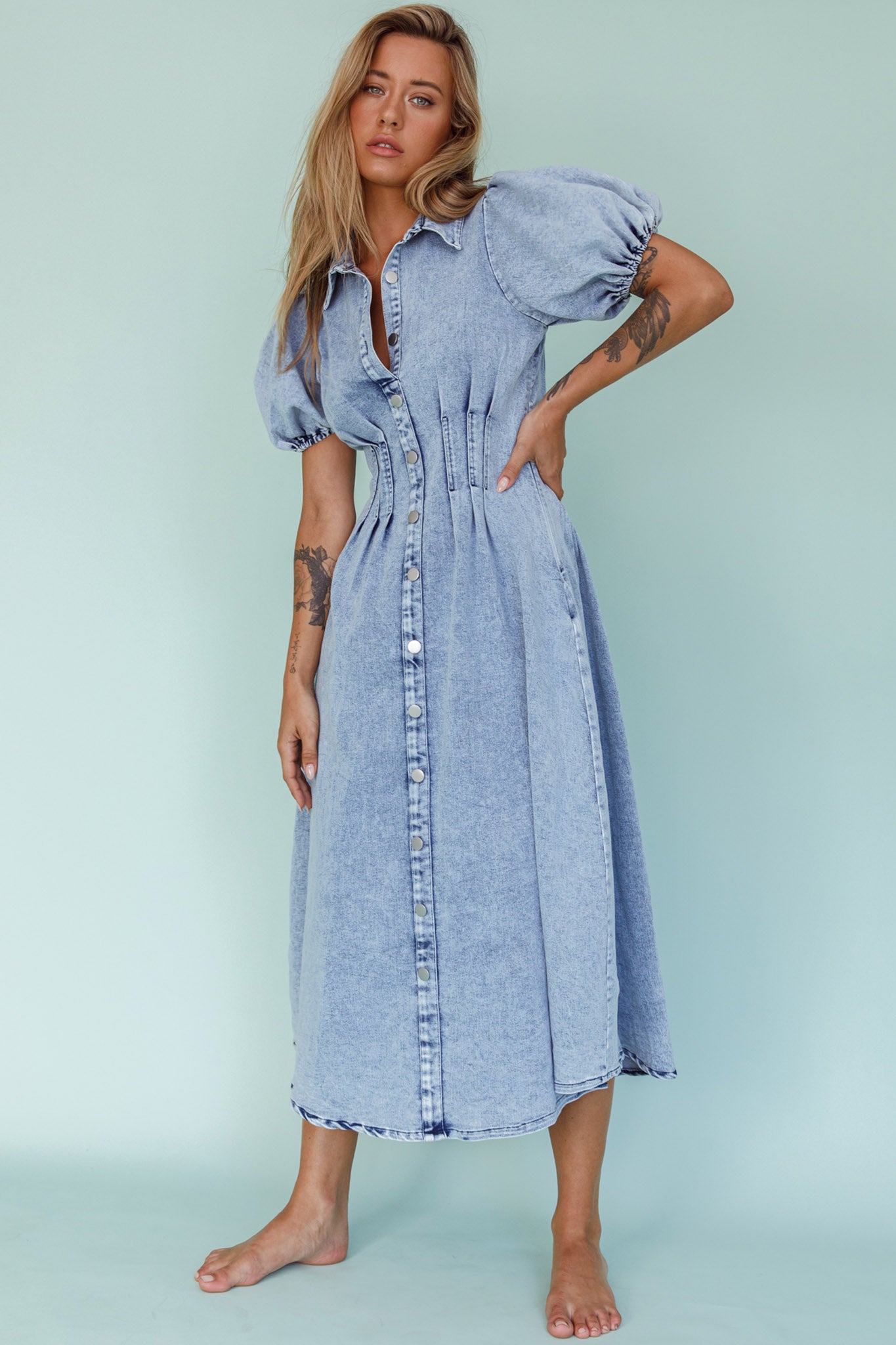 Zurich Pleated Waist Midi Dress Denim Blue Selfie Leslie Australia Zurich Pleated Waist Midi Dress Denim Blue Selfie Leslie Australia