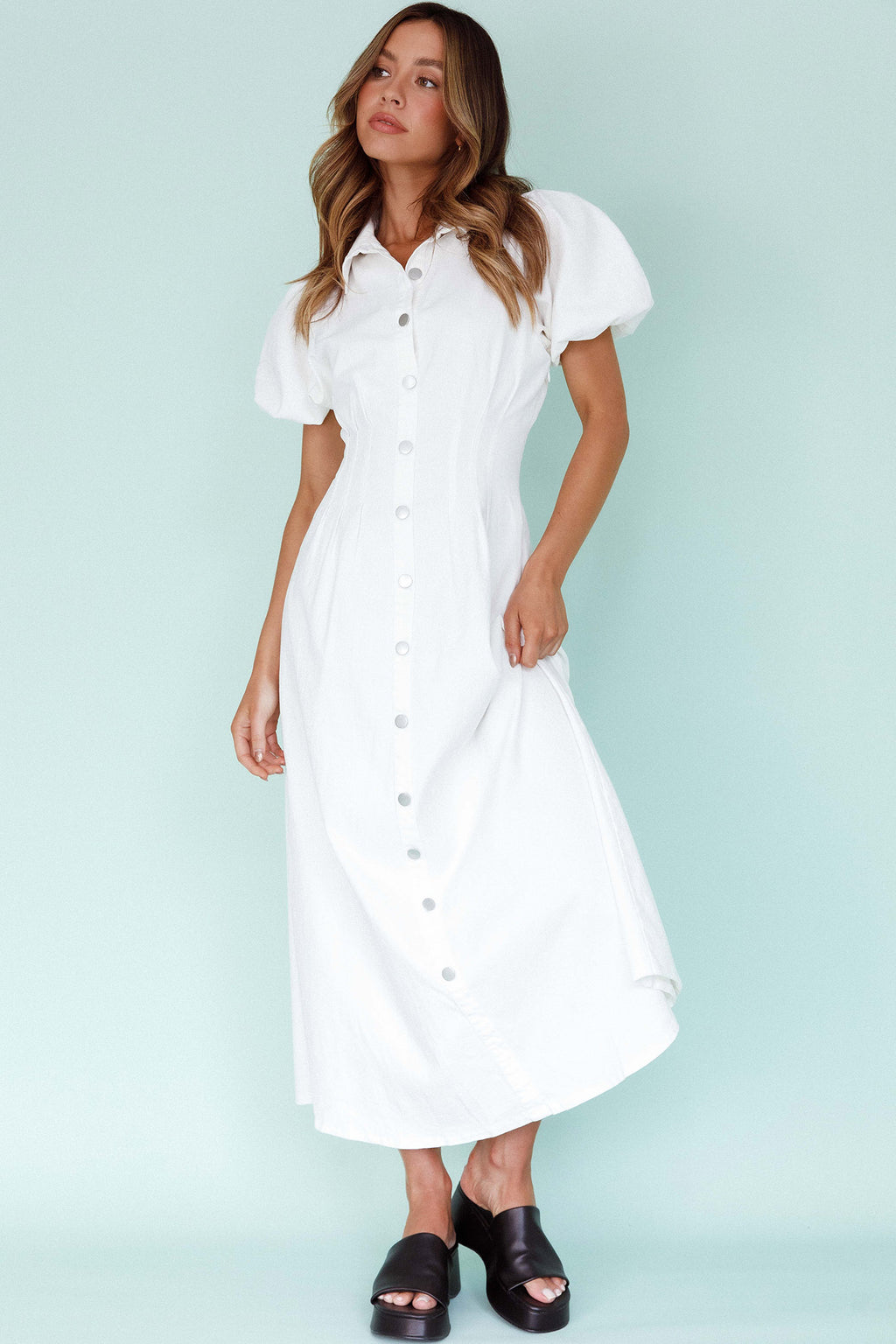 Zurich Pleated Waist Midi Dress White by Selfie Leslie Australia