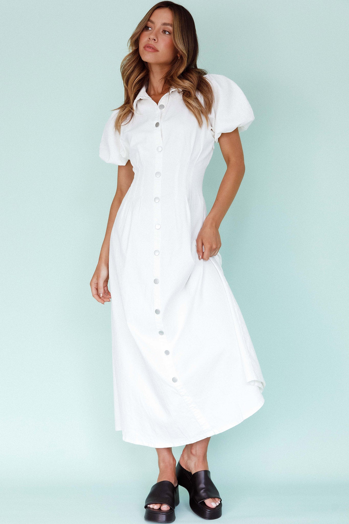 Zurich Pleated Waist Midi Dress White by Selfie Leslie Australia