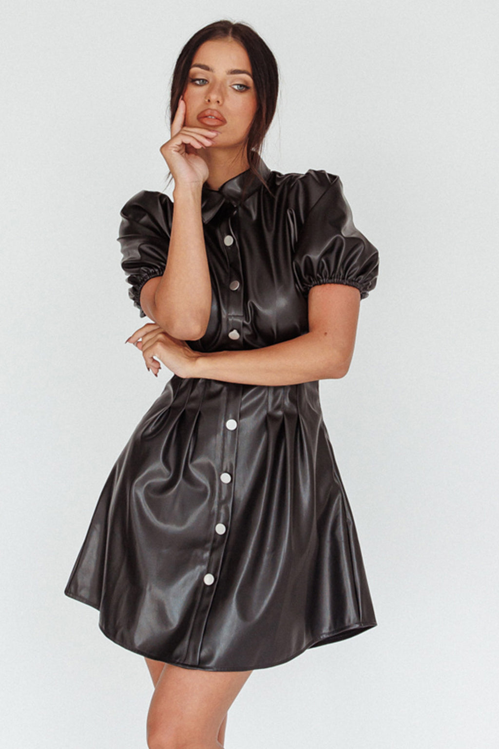 Zurich Pleated Waist Shirt Dress Faux Leather Black by Selfie Leslie Australia