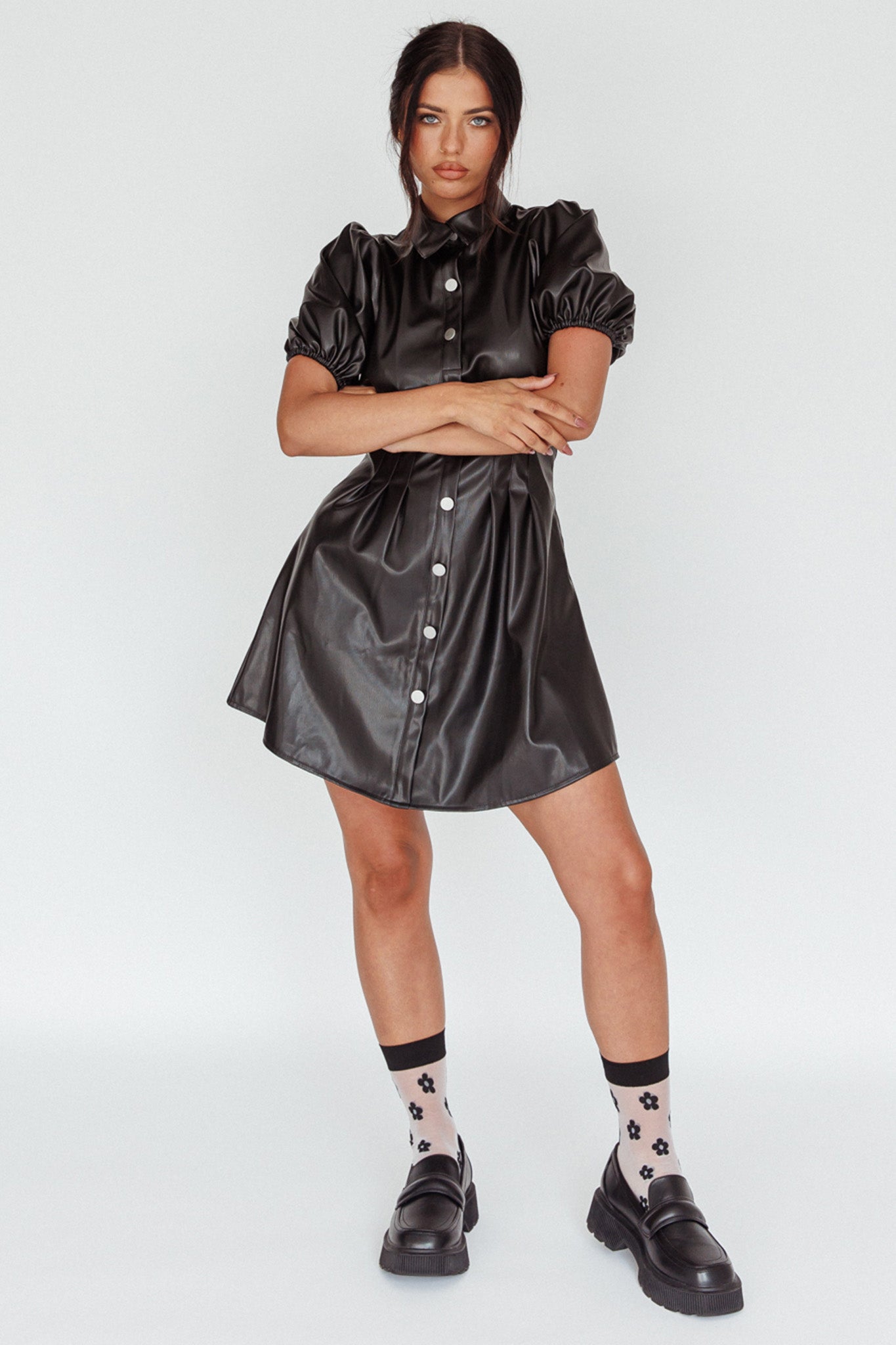 Zurich Pleated Waist Shirt Dress Faux Leather Black by Selfie Leslie Australia