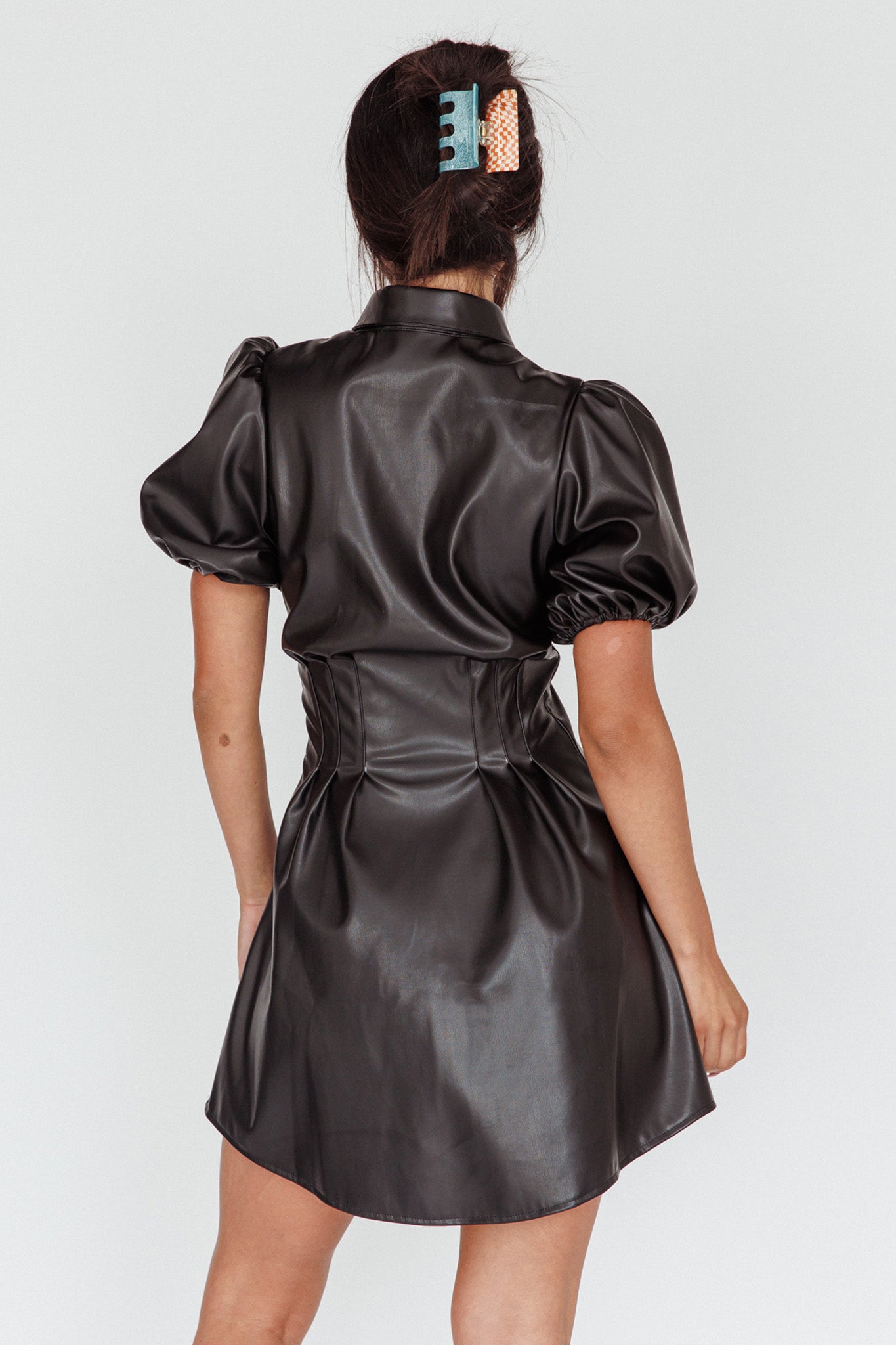 Zurich Pleated Waist Shirt Dress Faux Leather Black by Selfie Leslie Australia