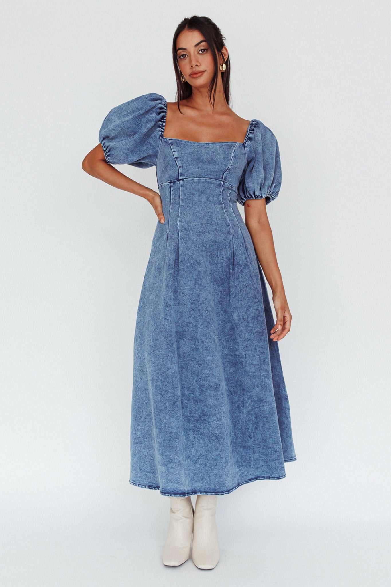 Zurich Puff Sleeve Midi Dress Blue by Selfie Leslie Australia