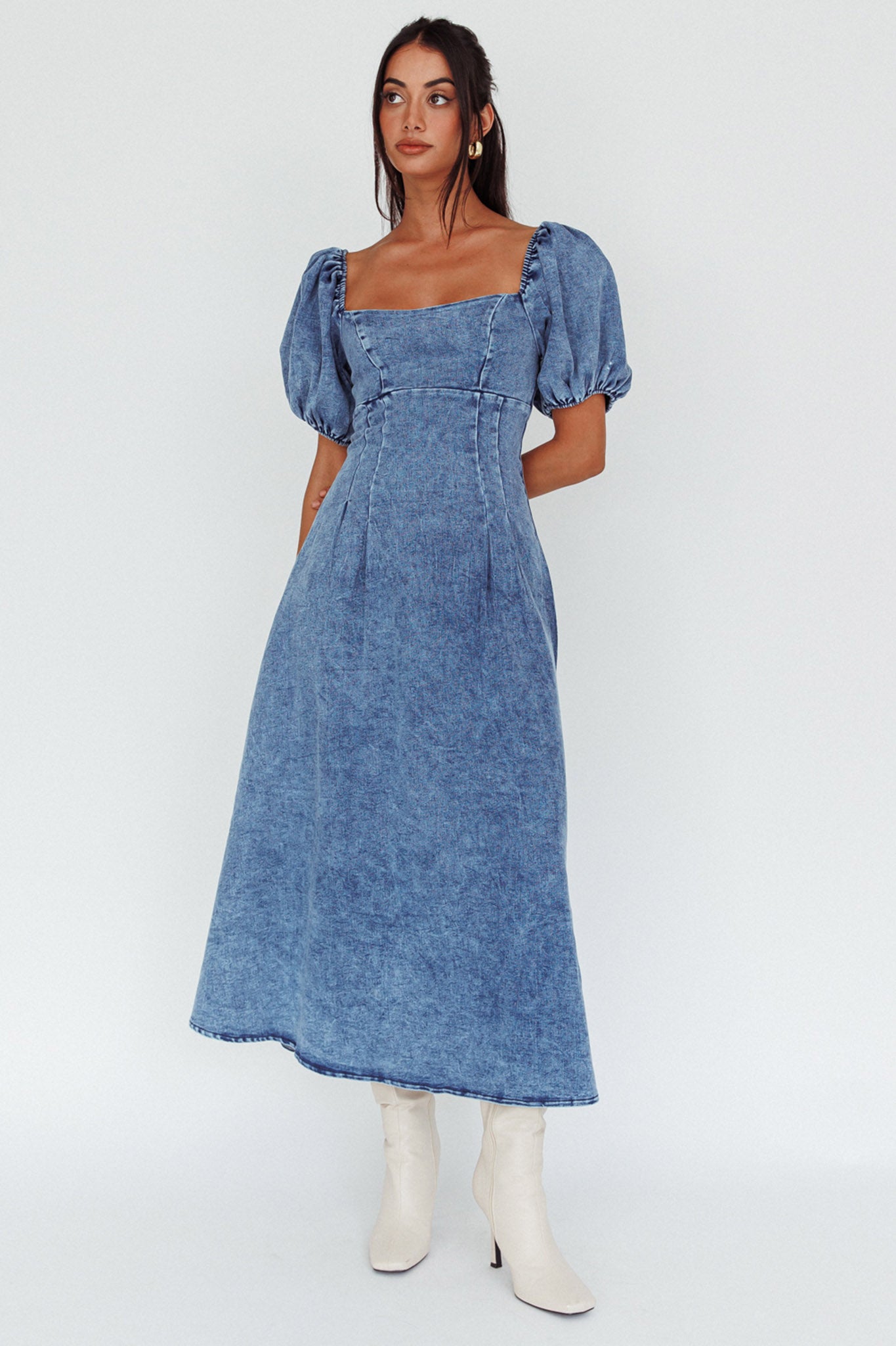 Zurich Puff Sleeve Midi Dress Blue by Selfie Leslie Australia