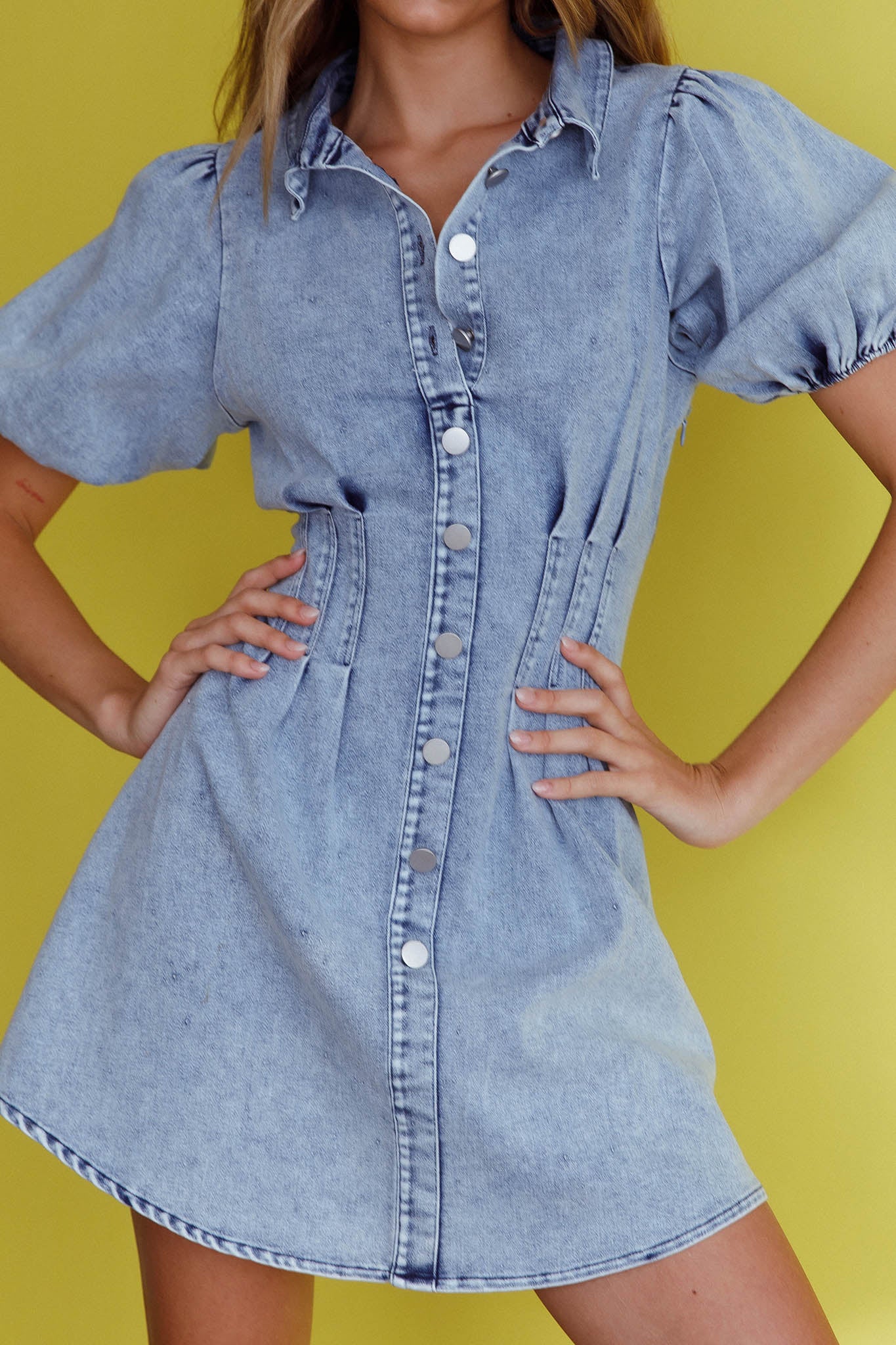 Zurich Pleated Waist Shirt Dress Washed Blue by Selfie Leslie Australia
