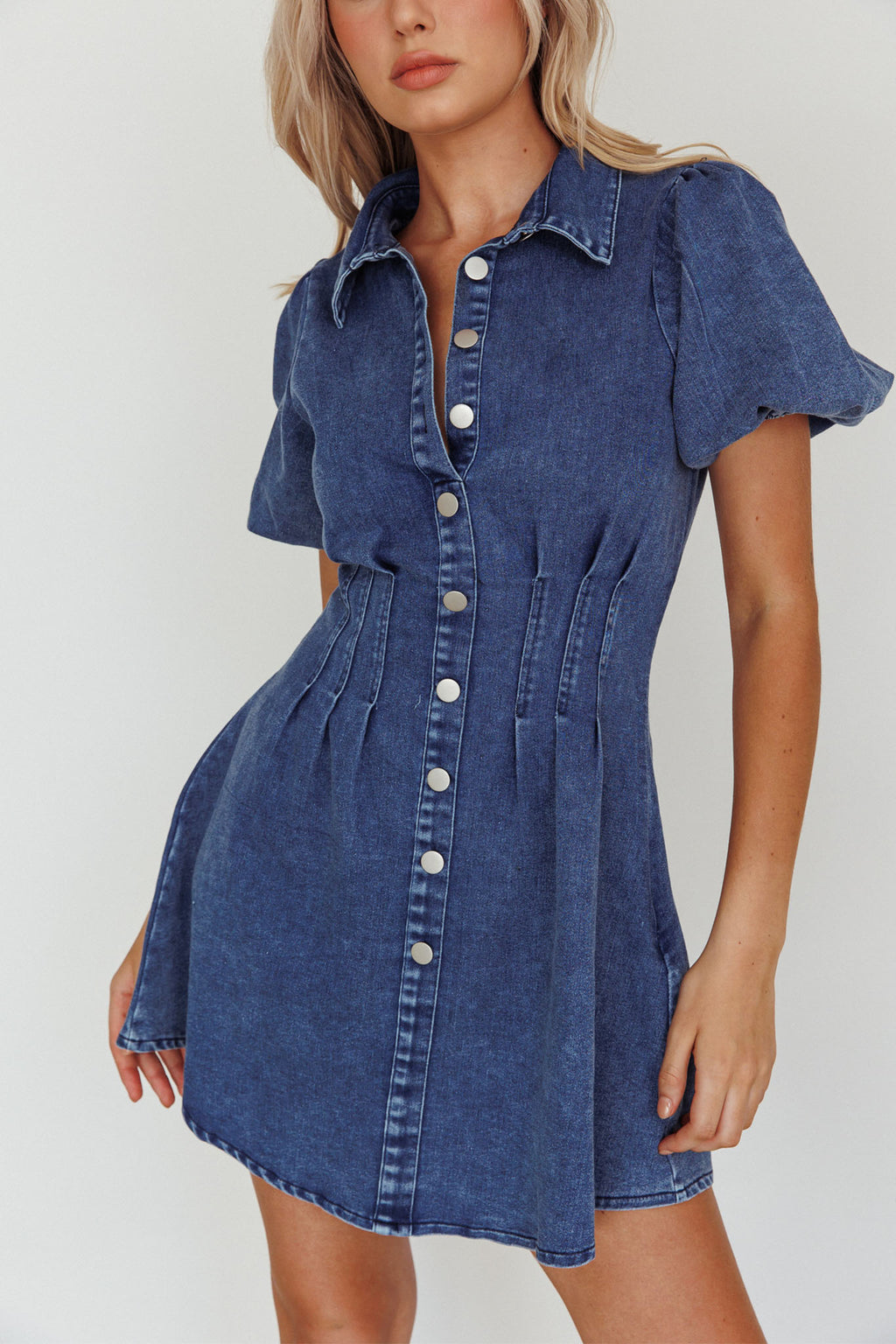 Zurich Pleated Waist Shirt Dress Dark Blue by Selfie Leslie Australia