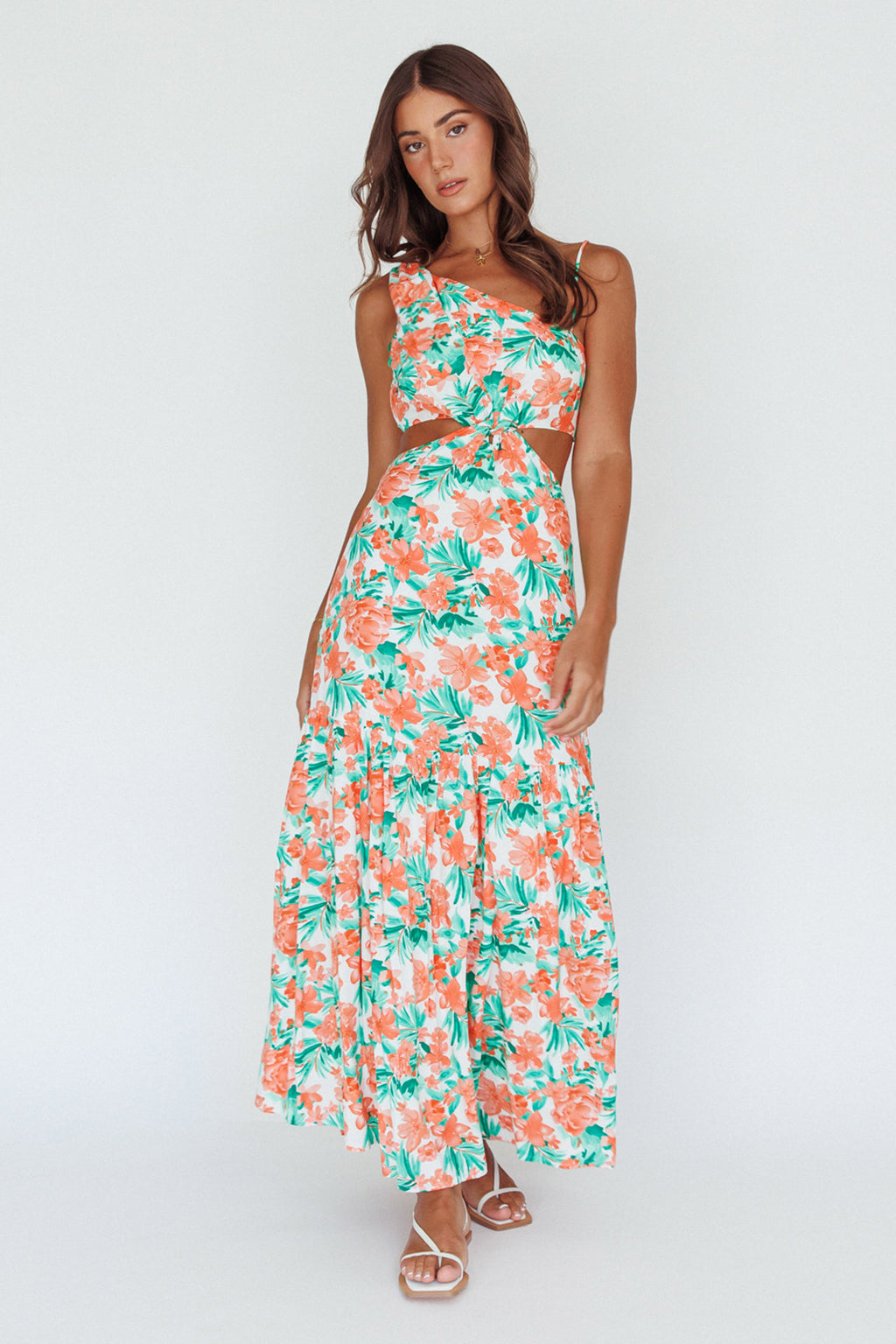 Evening Breeze Cut-Out Waist Maxi Dress Floral Orange by Selfie Leslie Australia