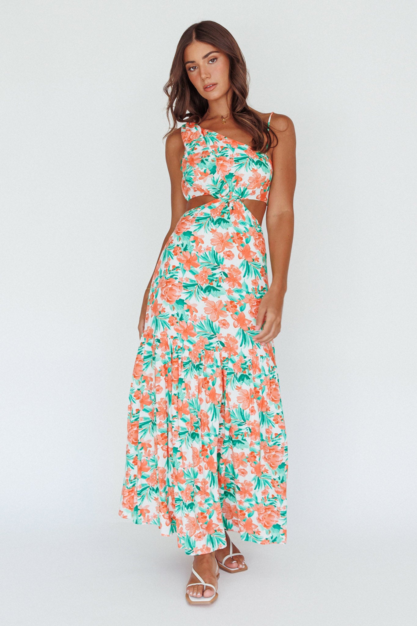 Evening Breeze Cut-Out Waist Maxi Dress Floral Orange by Selfie Leslie Australia