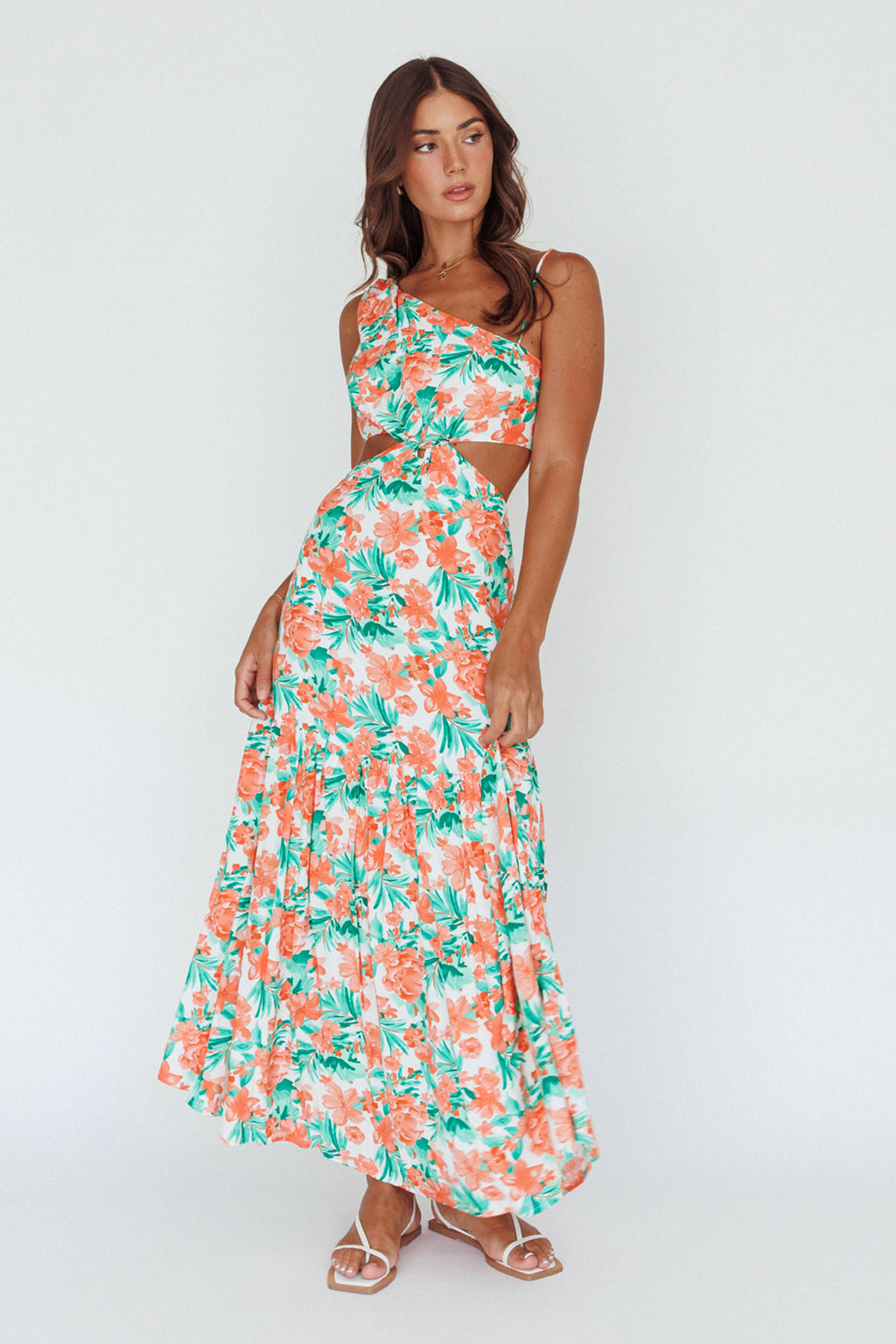 Evening Breeze Cut-Out Waist Maxi Dress Floral Orange by Selfie Leslie Australia