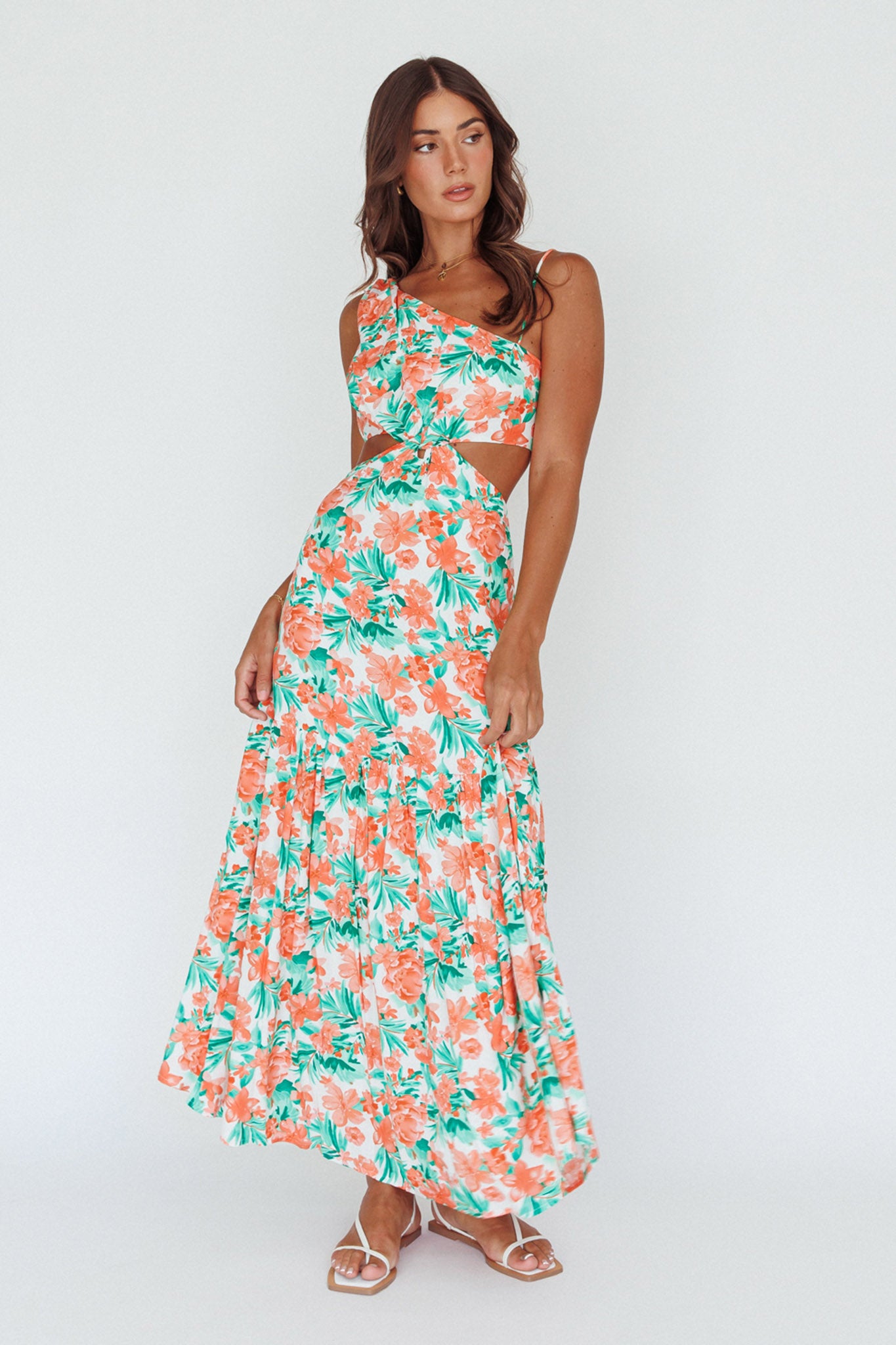 Evening Breeze Cut-Out Waist Maxi Dress Floral Orange by Selfie Leslie Australia