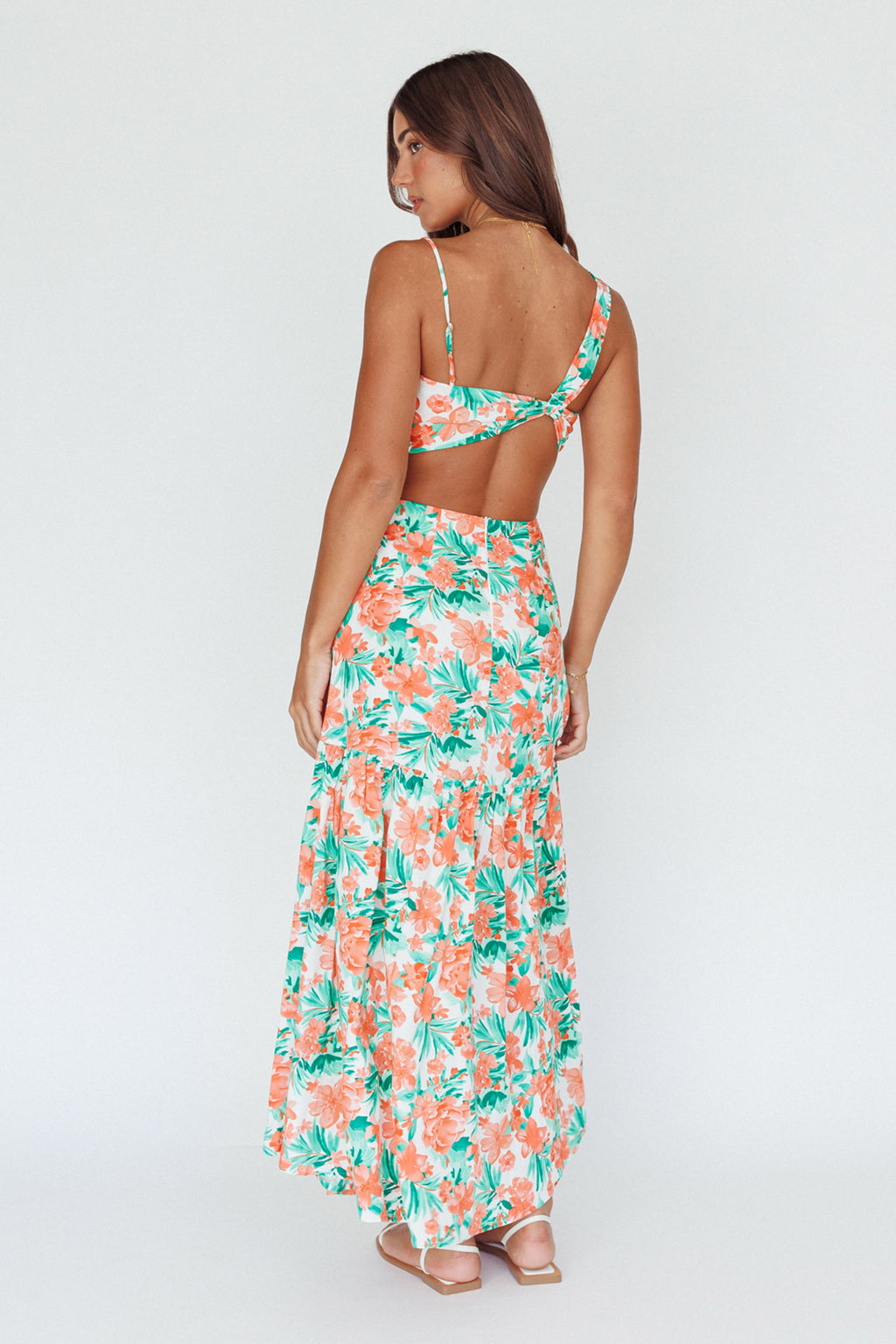 Evening Breeze Cut-Out Waist Maxi Dress Floral Orange by Selfie Leslie Australia