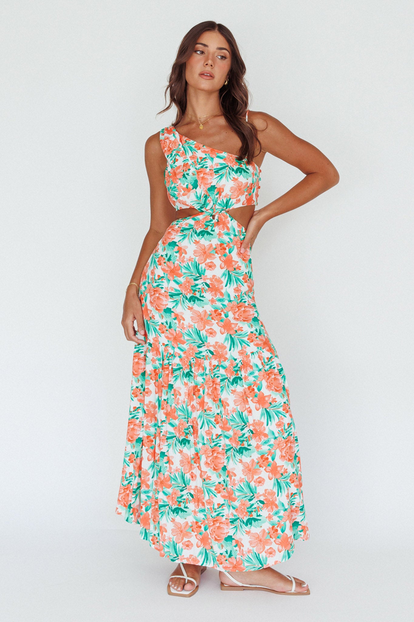 Evening Breeze Cut-Out Waist Maxi Dress Floral Orange by Selfie Leslie Australia