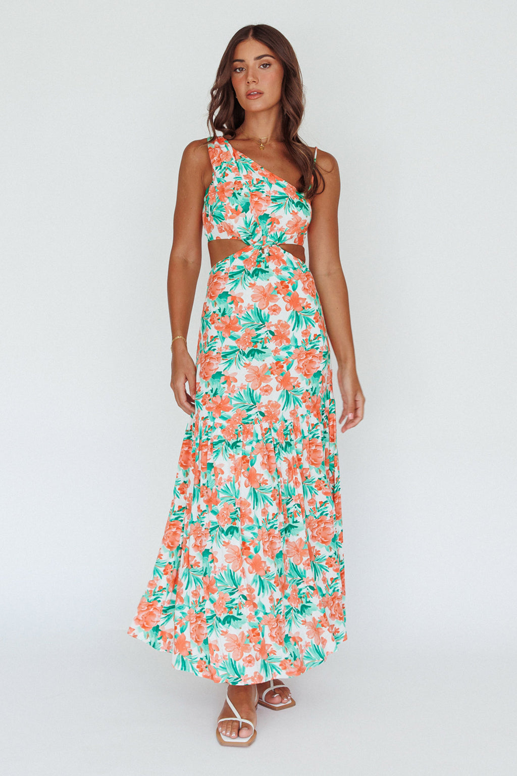 Evening Breeze Cut-Out Waist Maxi Dress Floral Orange by Selfie Leslie Australia