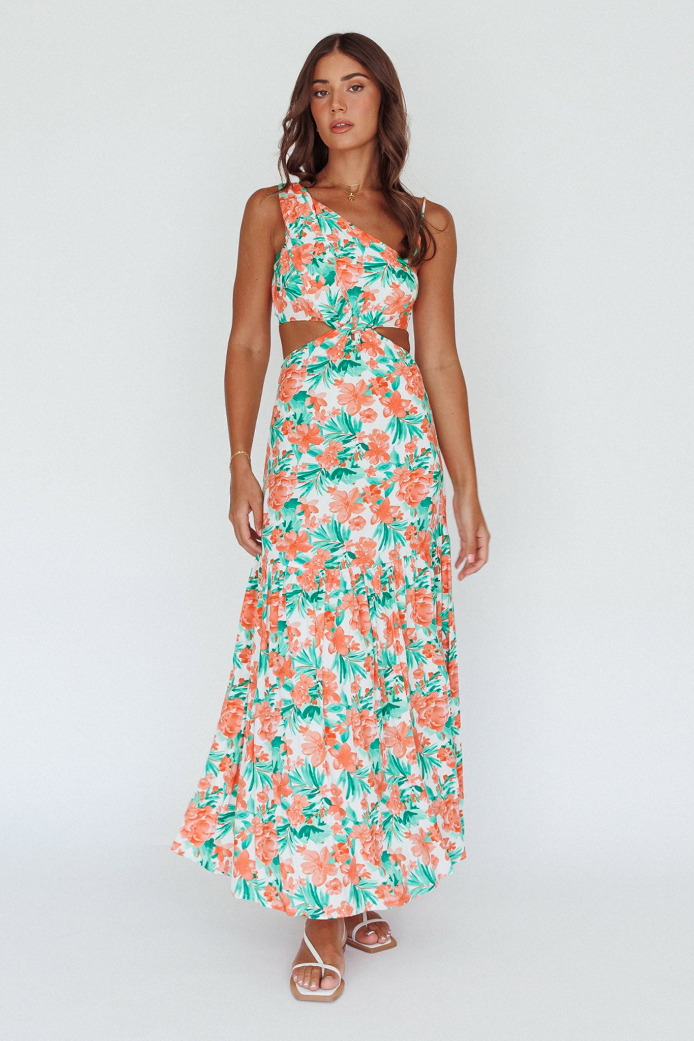Evening Breeze Cut-Out Waist Maxi Dress Floral Orange by Selfie Leslie Australia