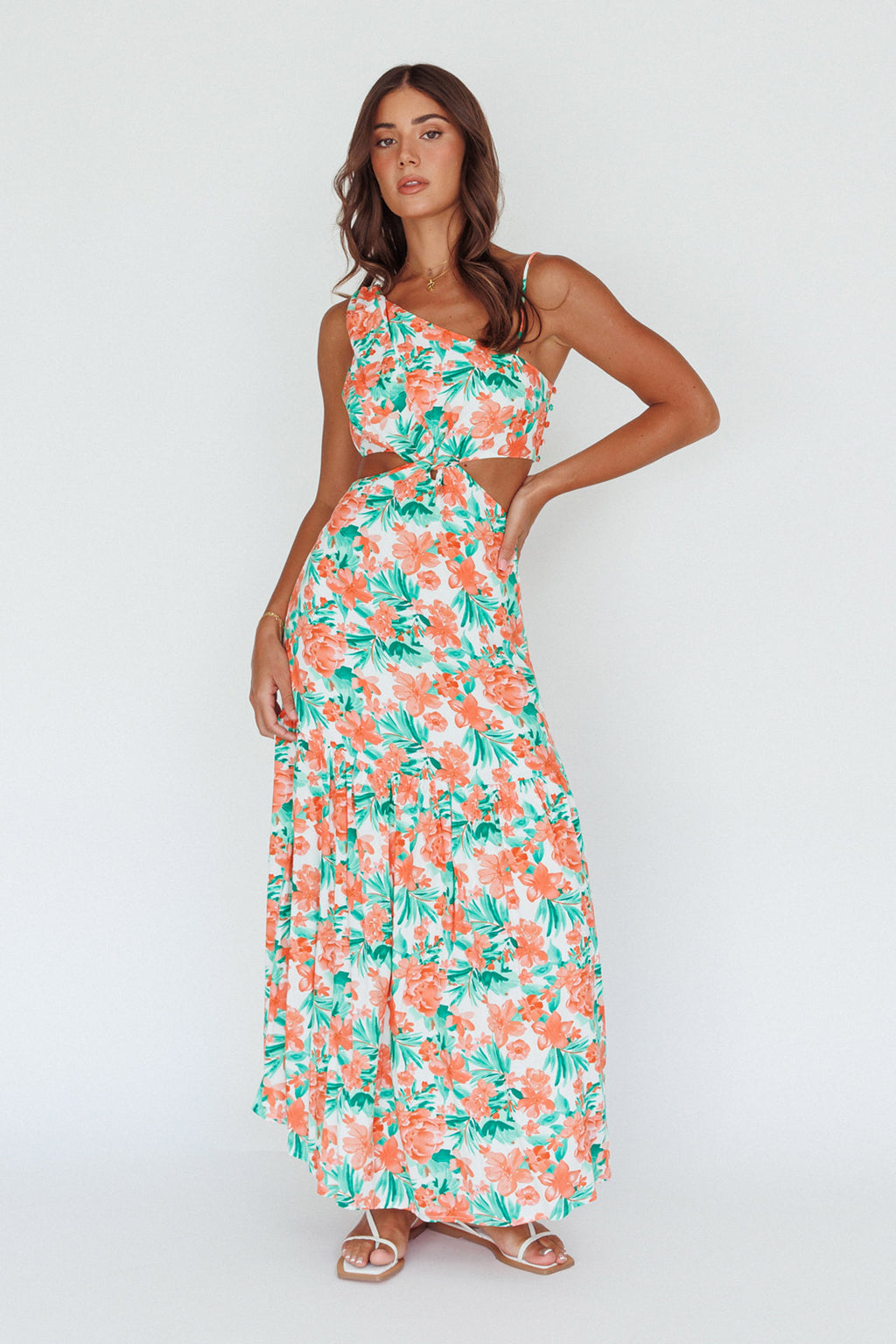Evening Breeze Cut-Out Waist Maxi Dress Floral Orange by Selfie Leslie Australia