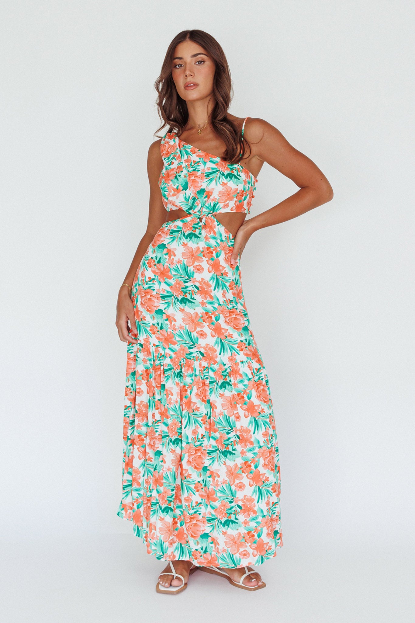 Evening Breeze Cut-Out Waist Maxi Dress Floral Orange by Selfie Leslie Australia