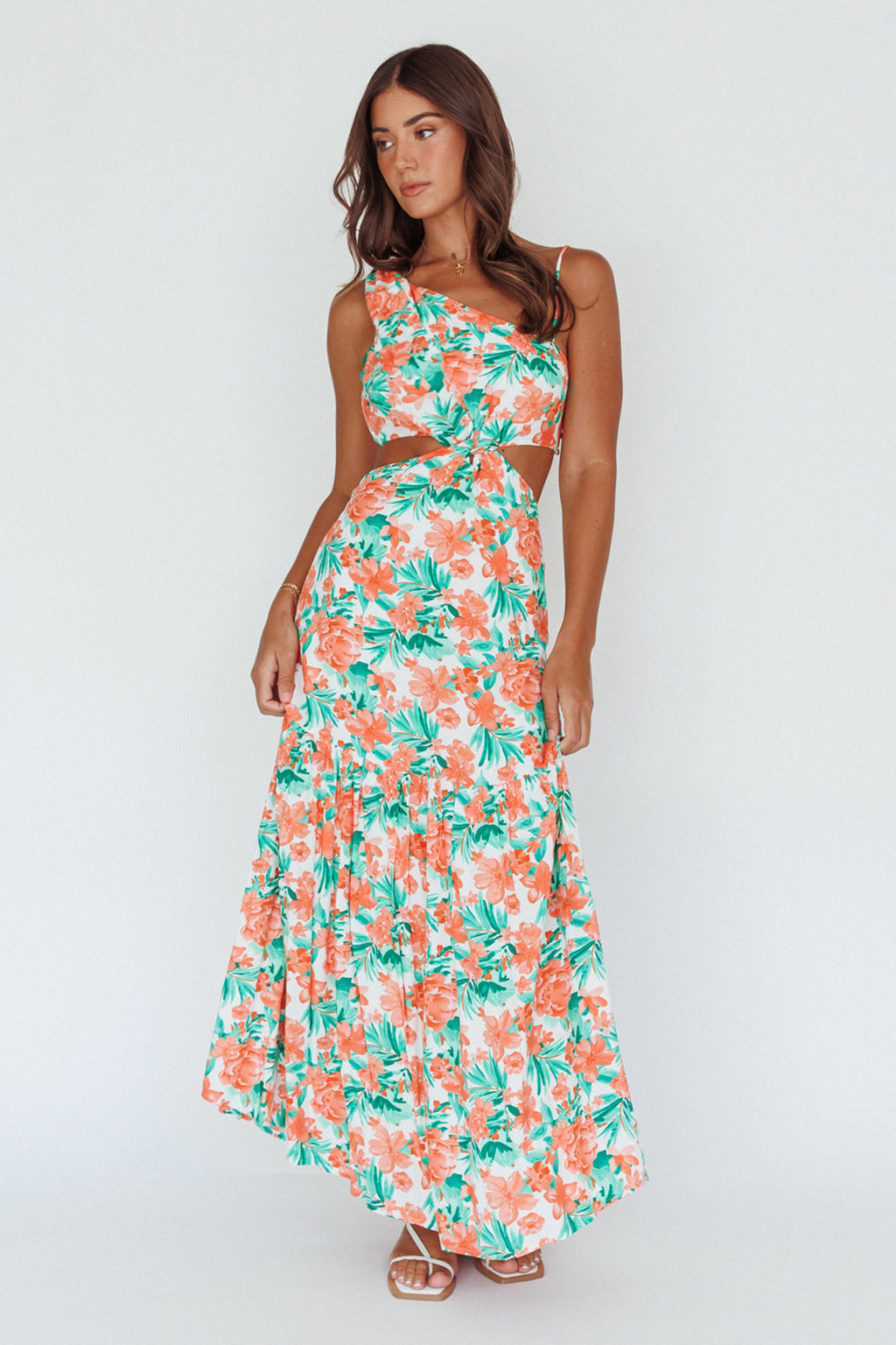 Evening Breeze Cut-Out Waist Maxi Dress Floral Orange by Selfie Leslie Australia
