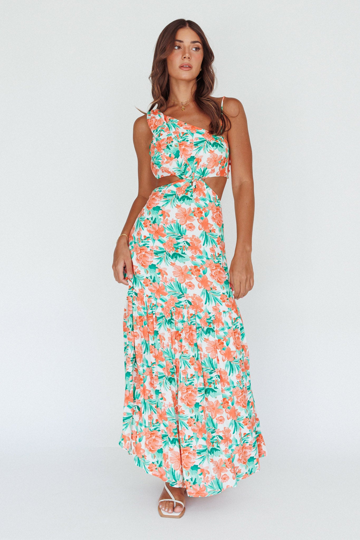 Evening Breeze Cut-Out Waist Maxi Dress Floral Orange by Selfie Leslie Australia