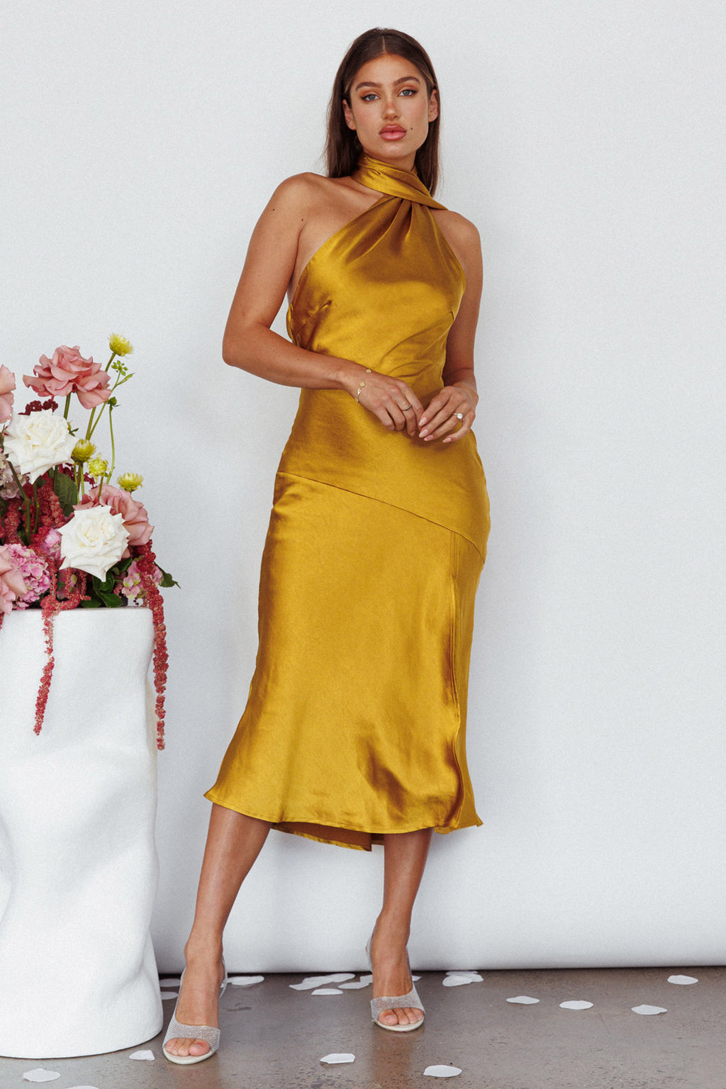 Italian Summer Tie Neck Midi Dress Mustard by Selfie Leslie Australia