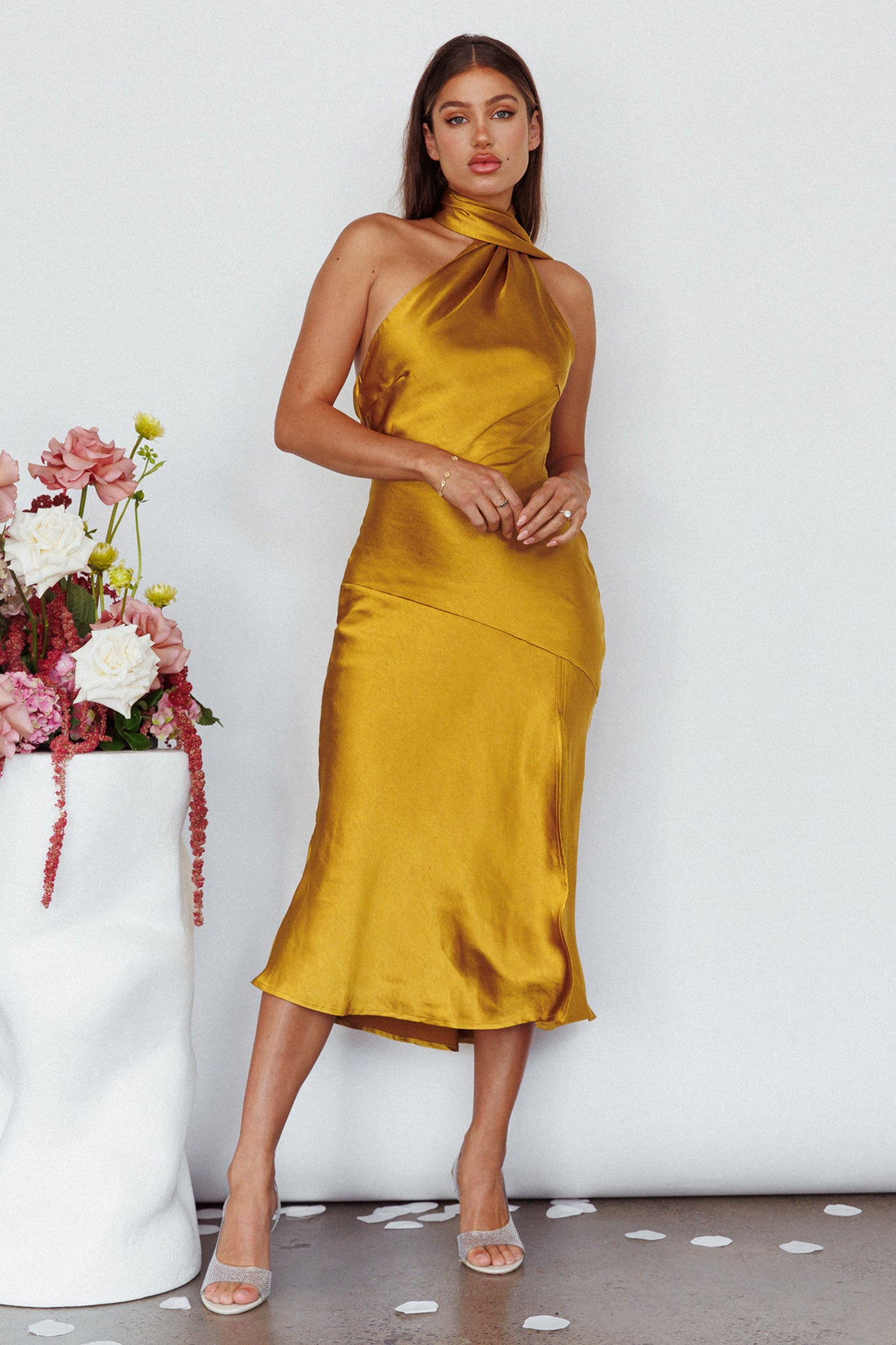 Italian Summer Tie Neck Midi Dress Mustard by Selfie Leslie Australia