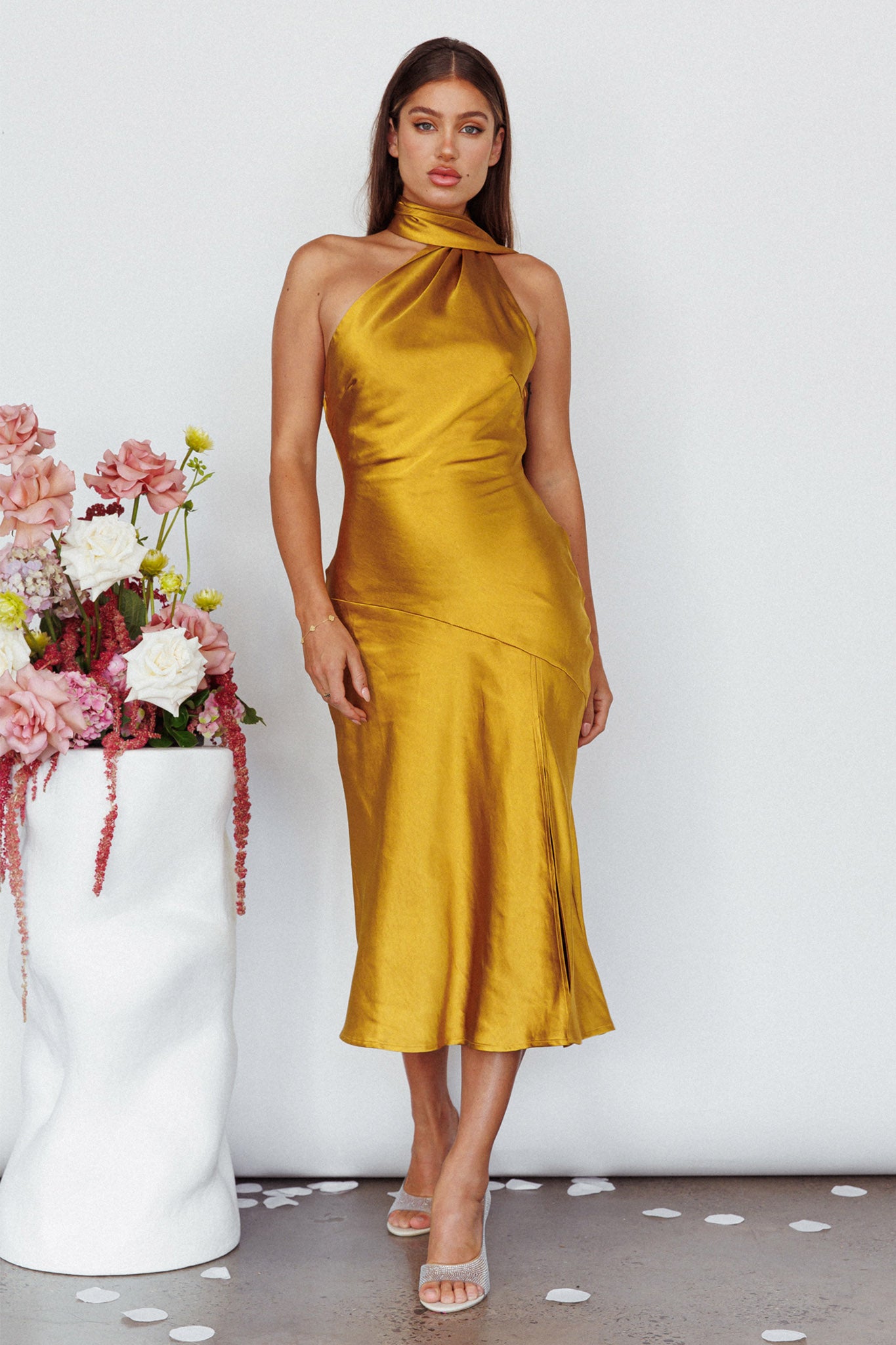 Italian Summer Tie Neck Midi Dress Mustard by Selfie Leslie Australia