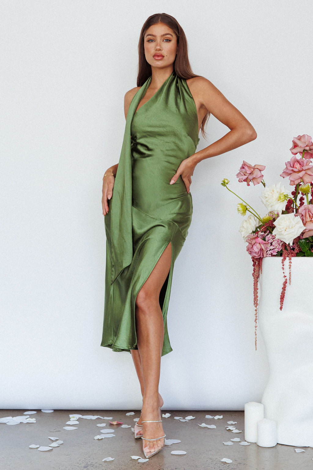 Italian Summer Tie Neck Midi Dress Olive by Selfie Leslie Australia