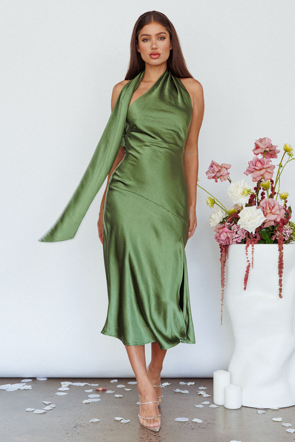 Italian Summer Tie Neck Midi Dress Olive by Selfie Leslie Australia