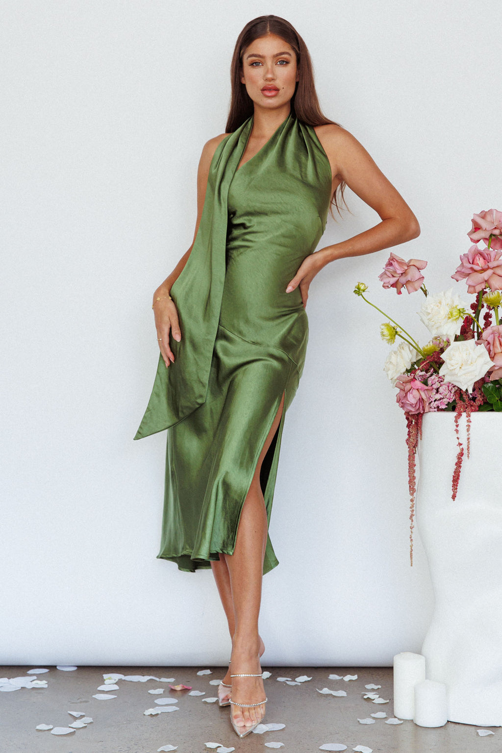 Italian Summer Tie Neck Midi Dress Olive by Selfie Leslie Australia