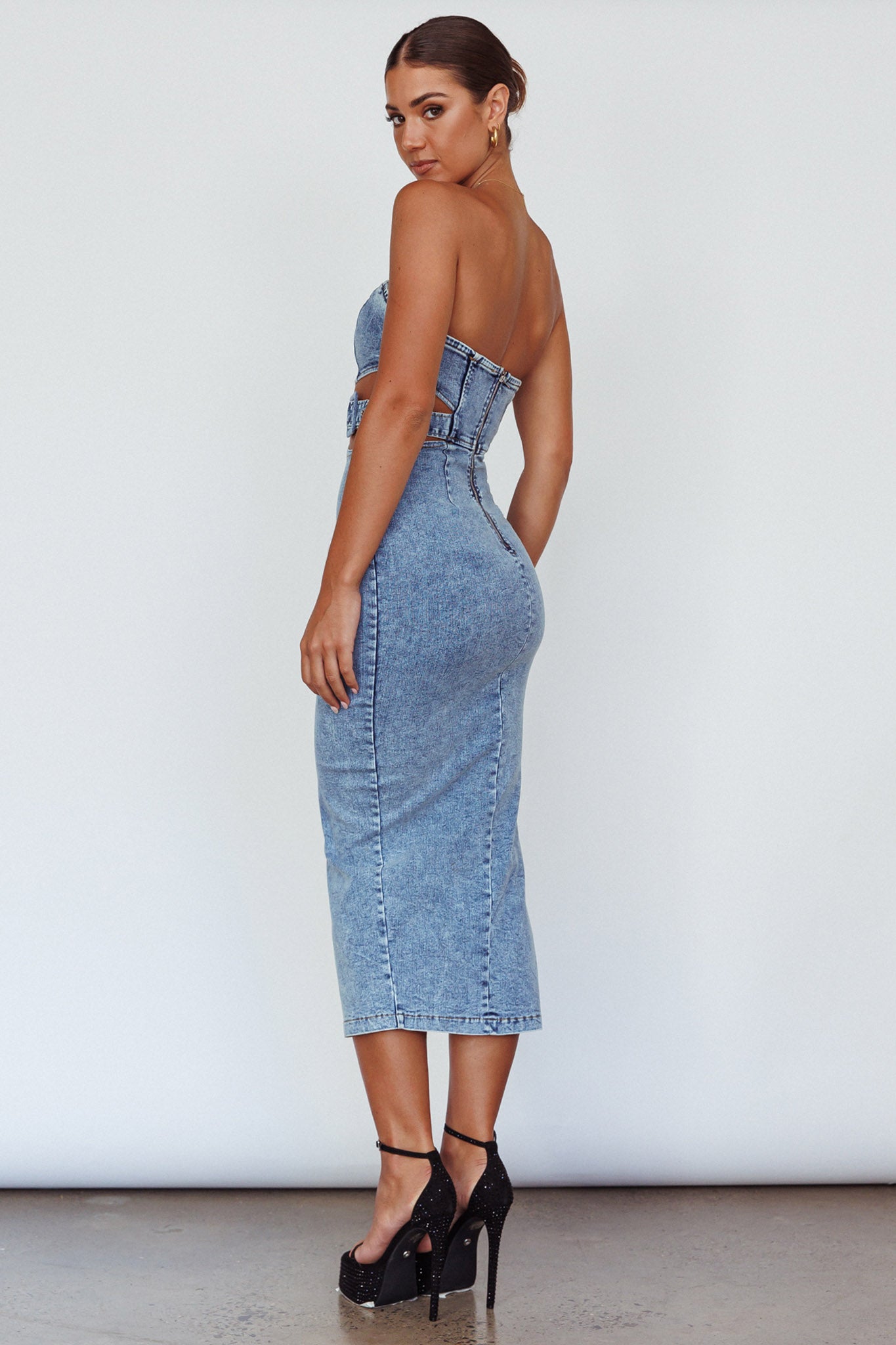 Glisten Cut-Out Buckle Waist Midi Dress Denim Blue by Selfie Leslie Australia