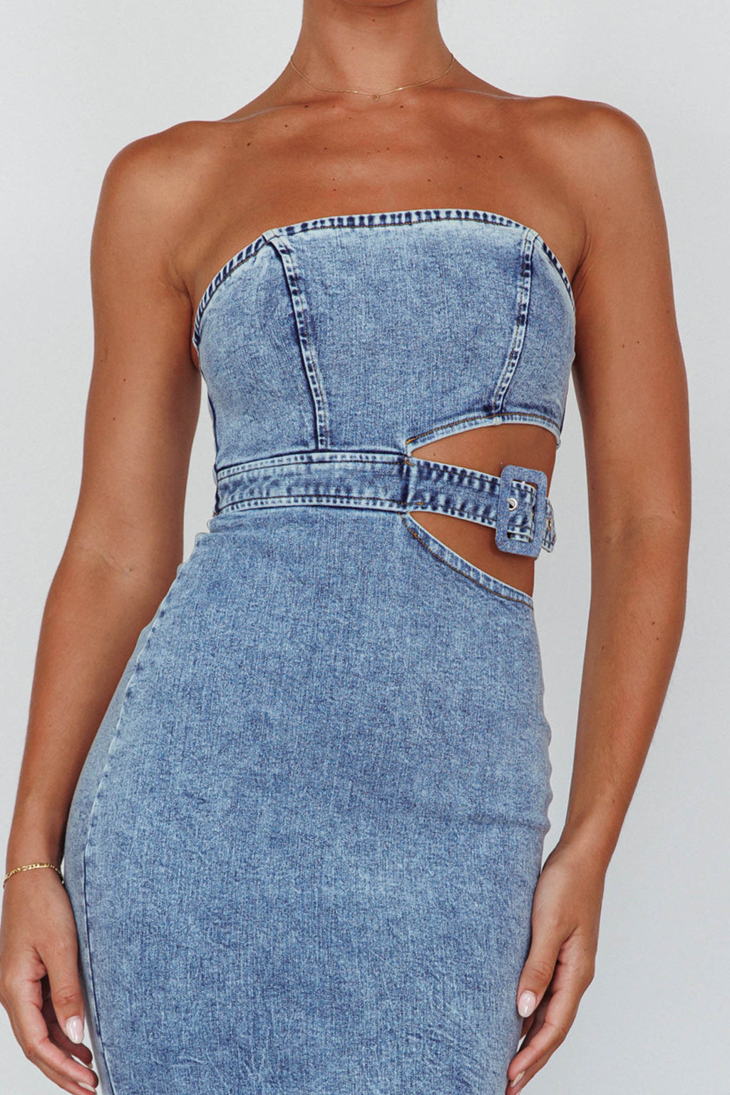 Glisten Cut-Out Buckle Waist Midi Dress Denim Blue by Selfie Leslie Australia
