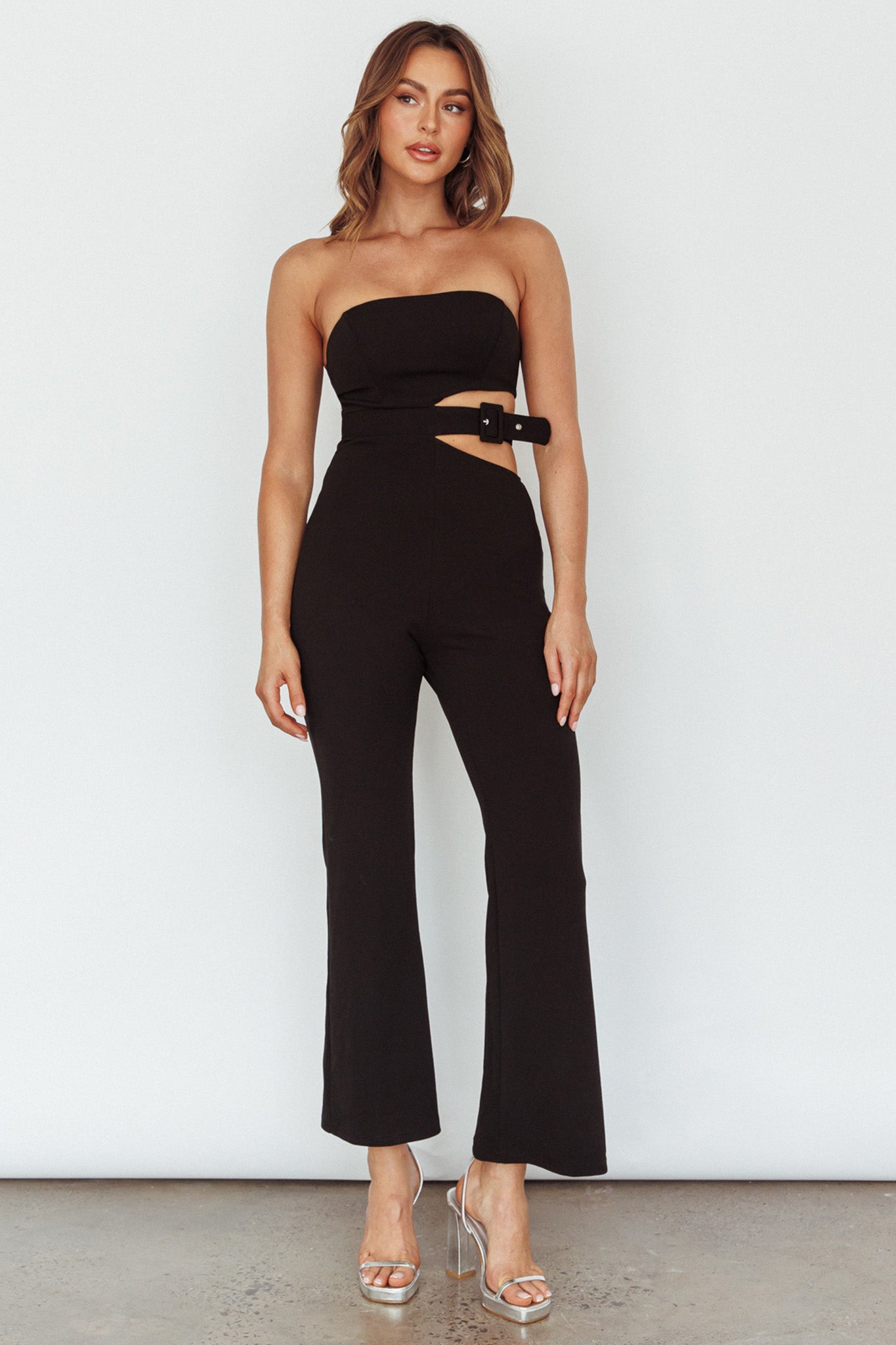 Glisten Cut-Out Buckle Waist Jumpsuit Black by Selfie Leslie Australia