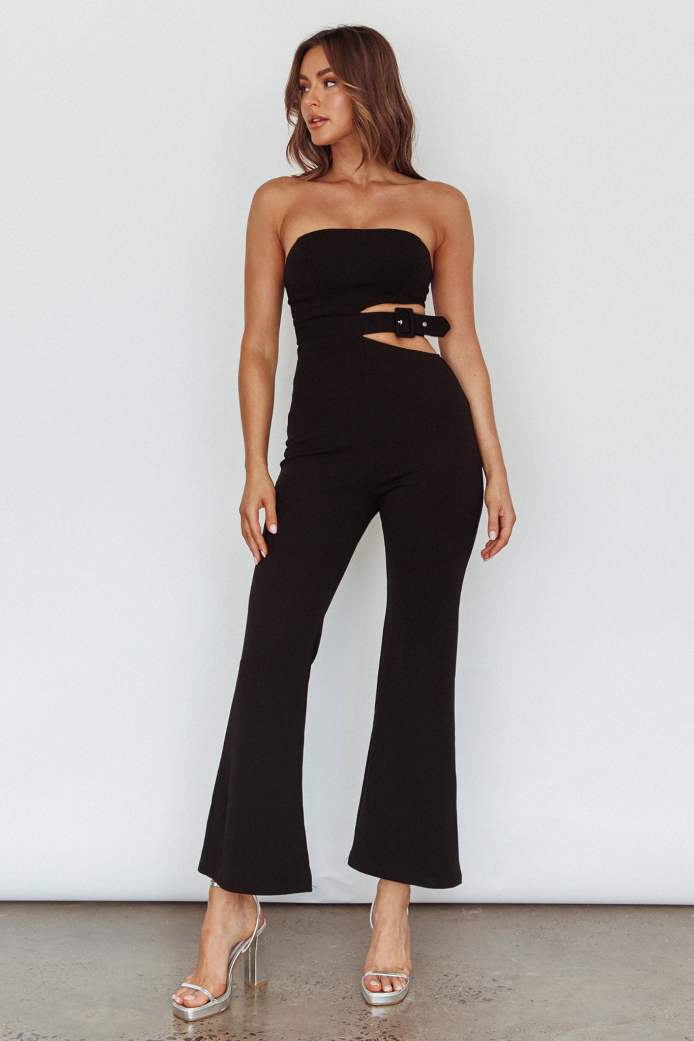 Glisten Cut-Out Buckle Waist Jumpsuit Black by Selfie Leslie Australia