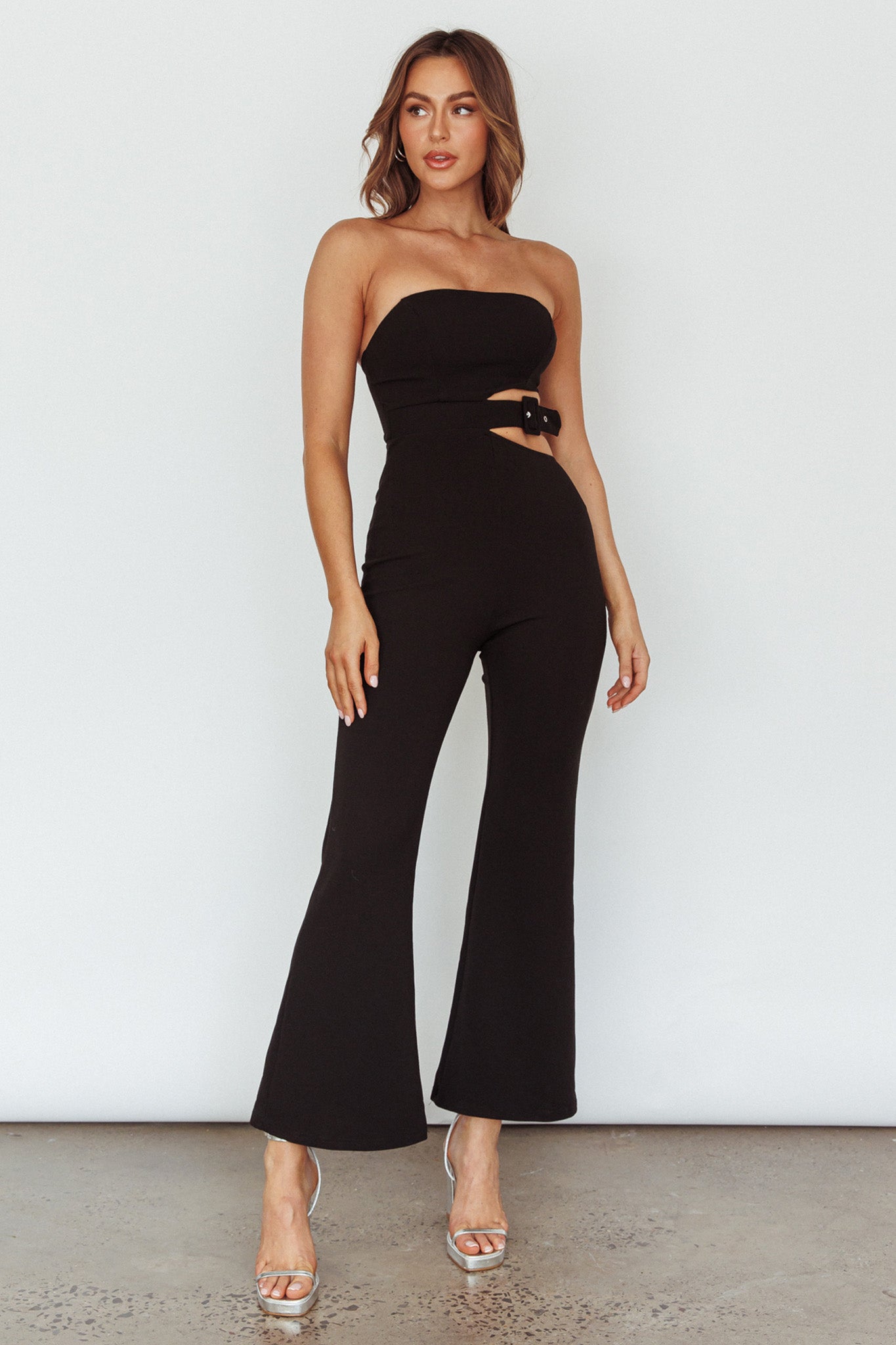 Glisten Cut-Out Buckle Waist Jumpsuit Black by Selfie Leslie Australia