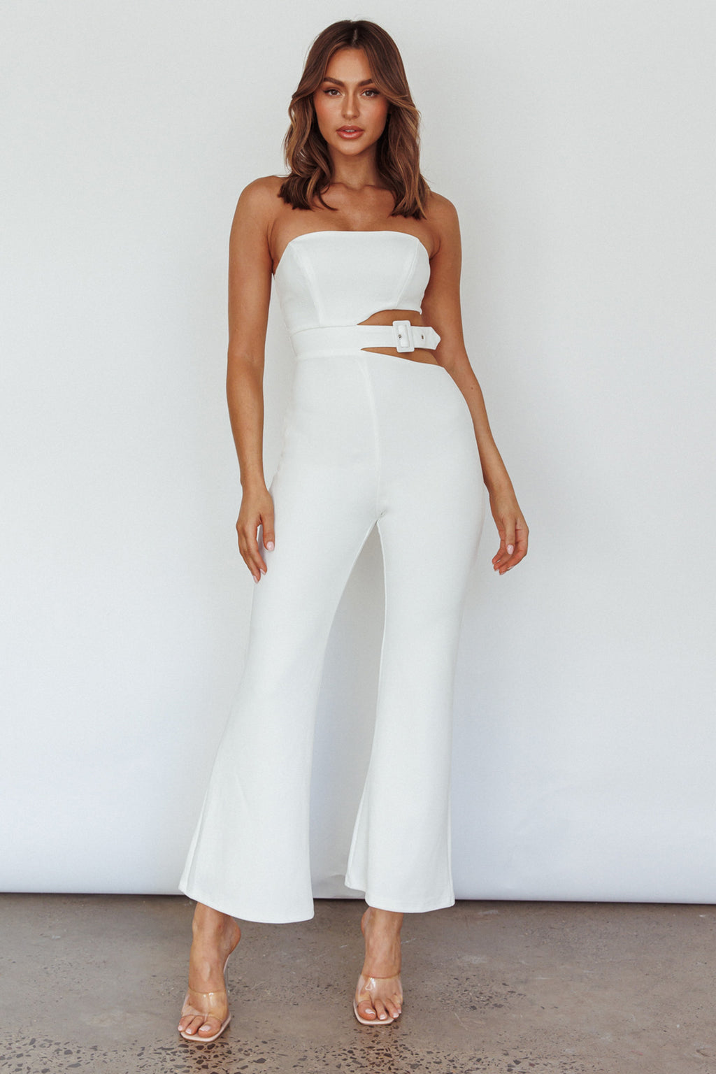 Glisten Cut-Out Buckle Waist Jumpsuit White by Selfie Leslie Australia