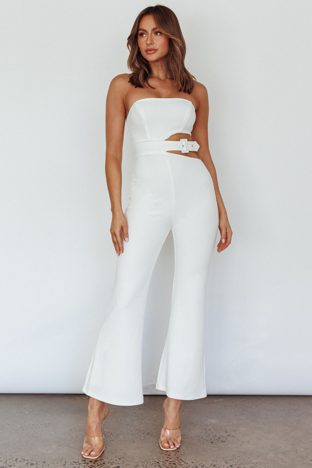 Glisten Cut-Out Buckle Waist Jumpsuit White by Selfie Leslie Australia