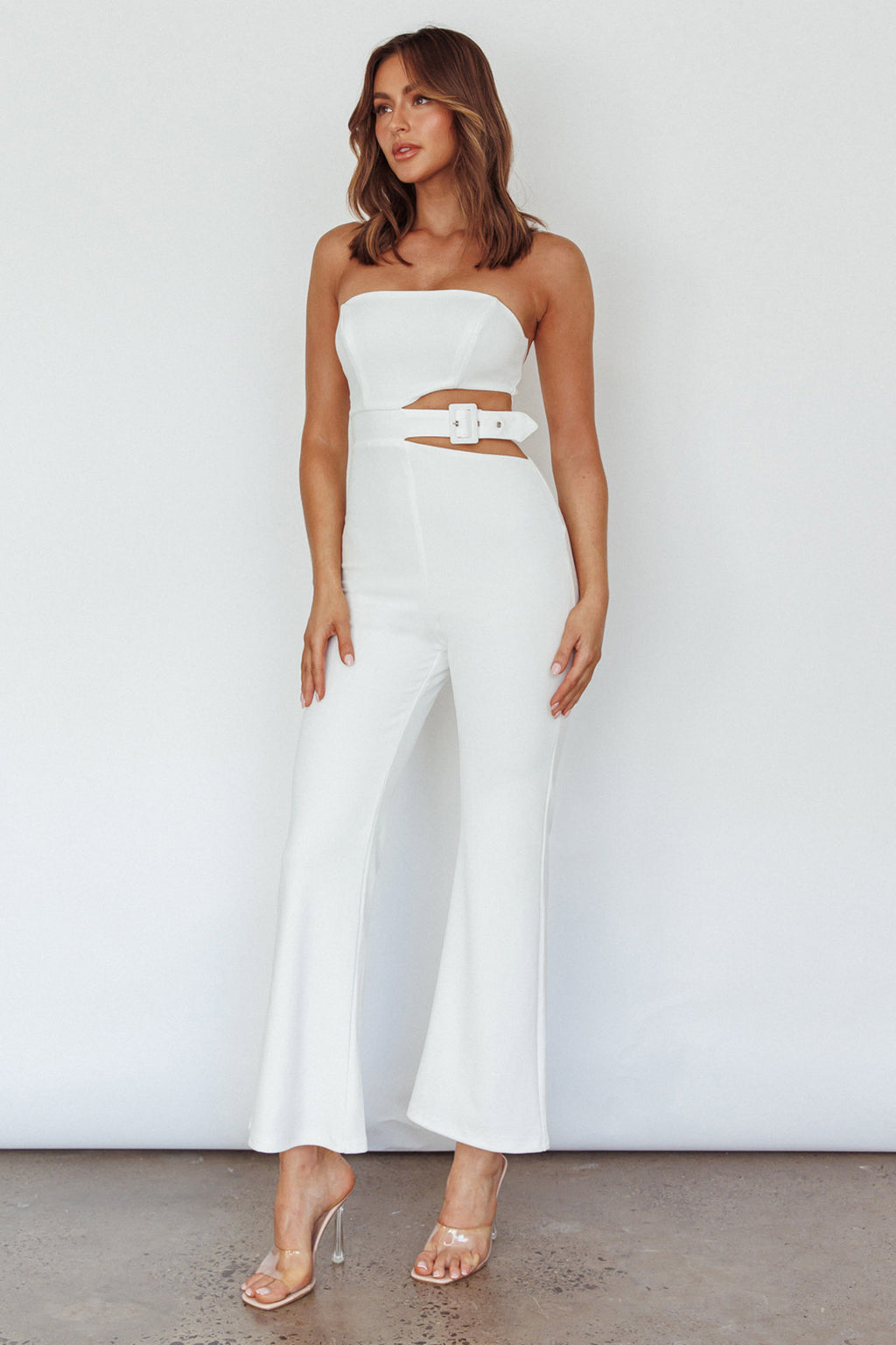 Glisten Cut-Out Buckle Waist Jumpsuit White by Selfie Leslie Australia