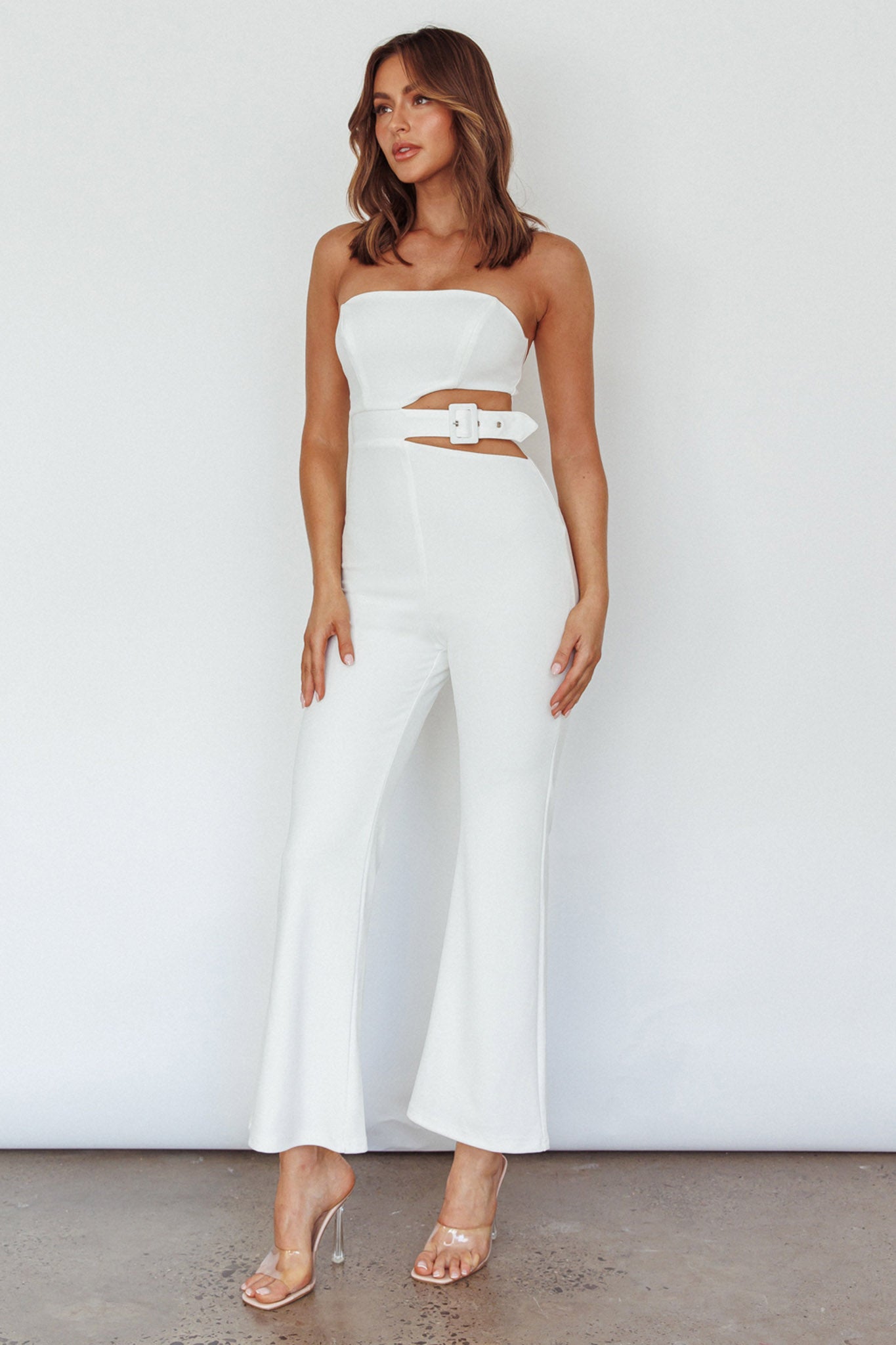 Glisten Cut-Out Buckle Waist Jumpsuit White by Selfie Leslie Australia