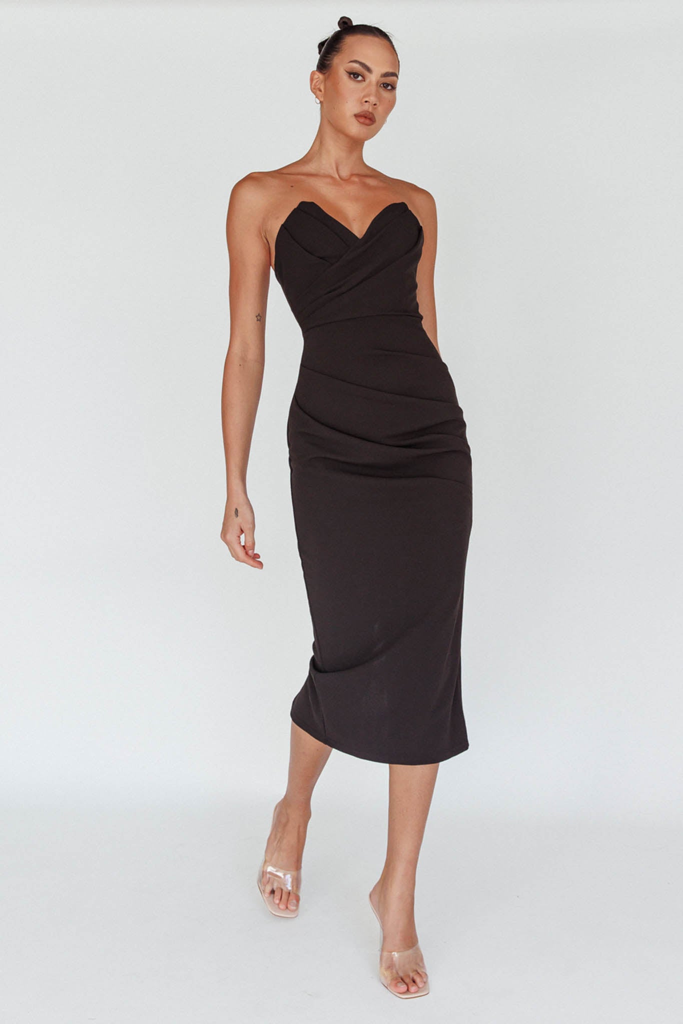 Yours Alone Gathered Detail Midi Dress Black by Selfie Leslie Australia