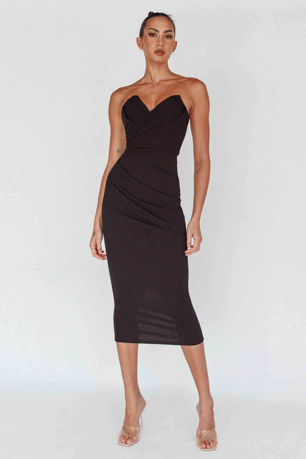 Yours Alone Gathered Detail Midi Dress Black by Selfie Leslie Australia