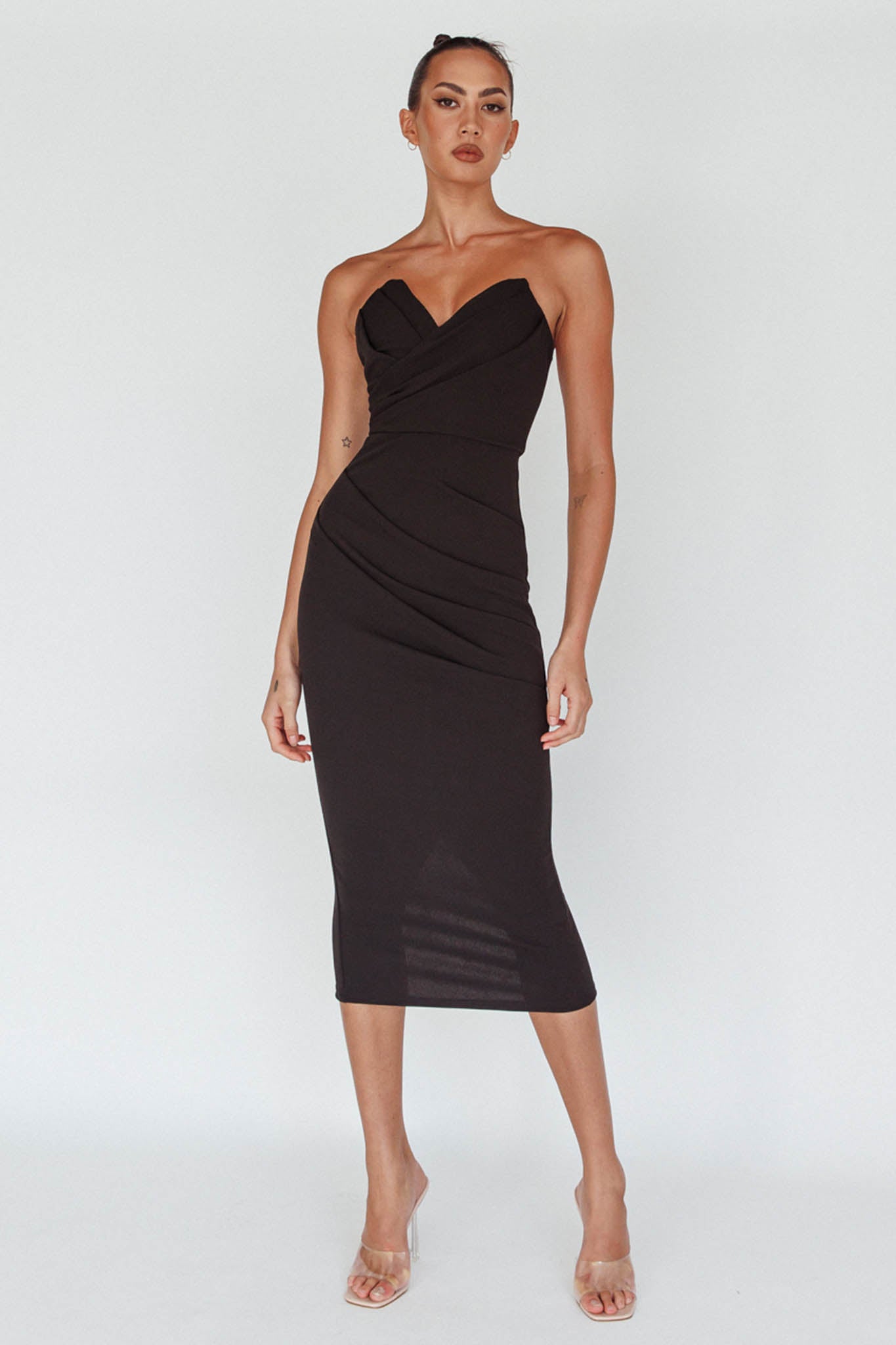 Yours Alone Gathered Detail Midi Dress Black by Selfie Leslie Australia