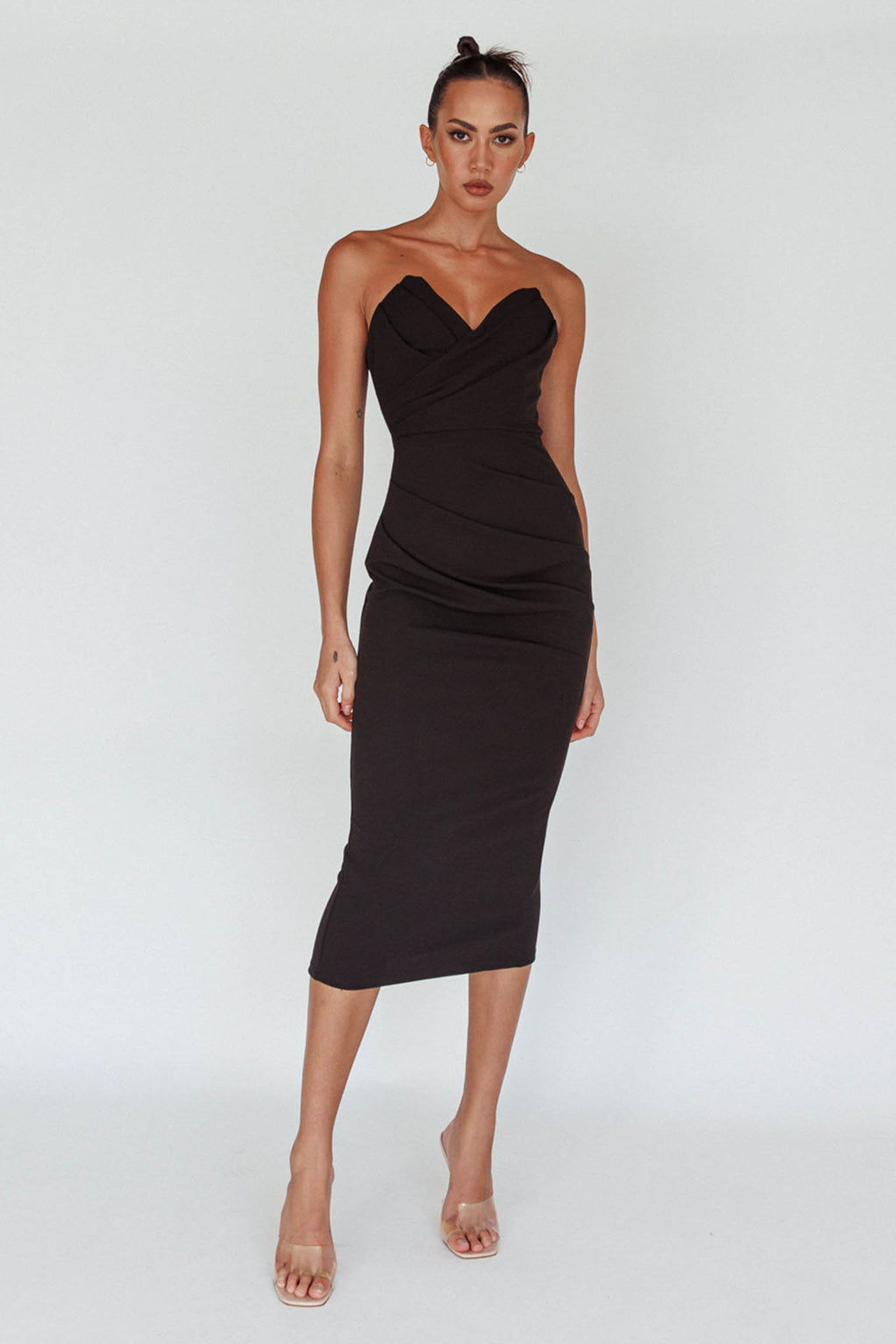 Yours Alone Gathered Detail Midi Dress Black by Selfie Leslie Australia