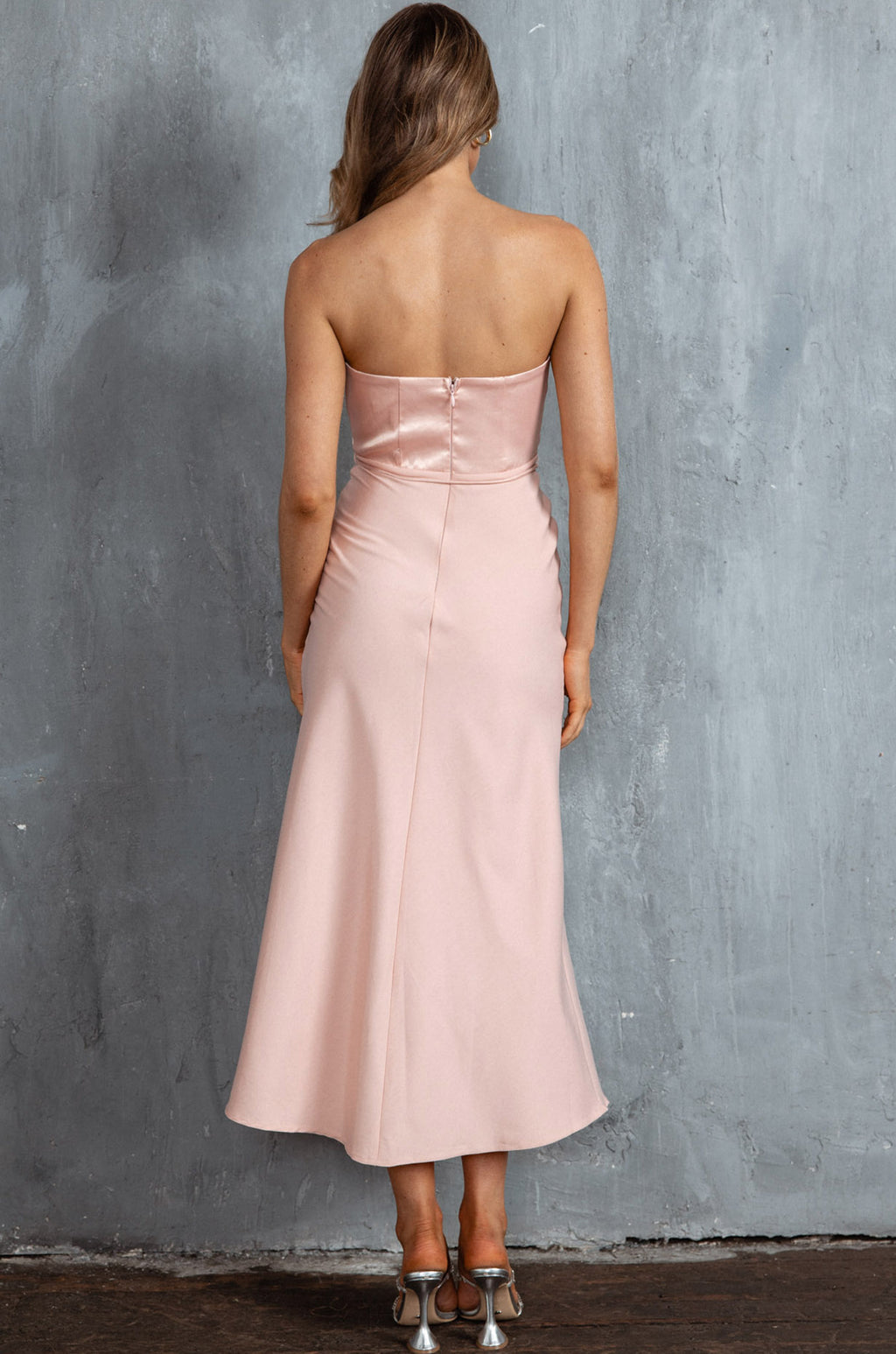 Brittini Satin Bust Strapless Midi Dress Blush by Selfie Leslie Australia