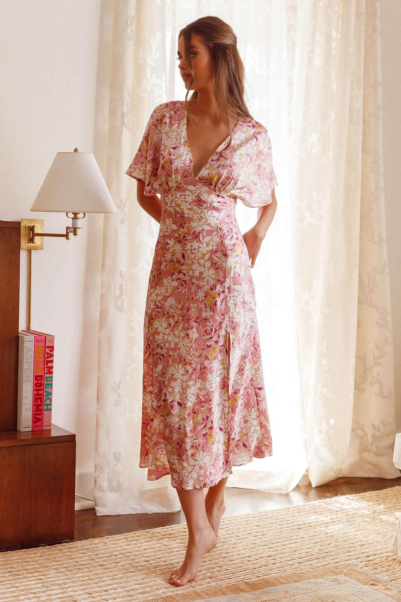 Graceful Batwing Sleeve Midi Dress Floral Pink by Selfie Leslie Australia