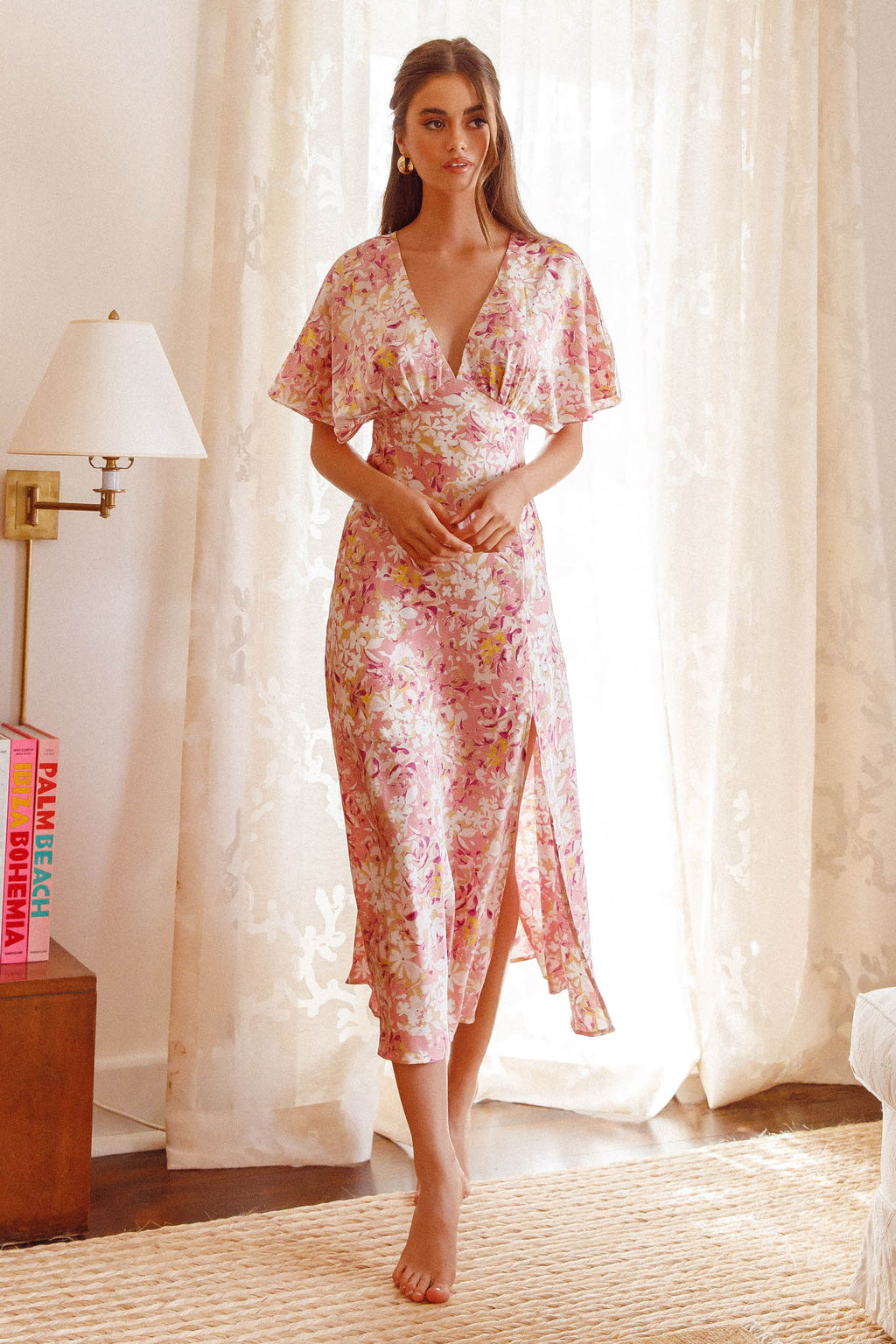 Graceful Batwing Sleeve Midi Dress Floral Pink by Selfie Leslie Australia