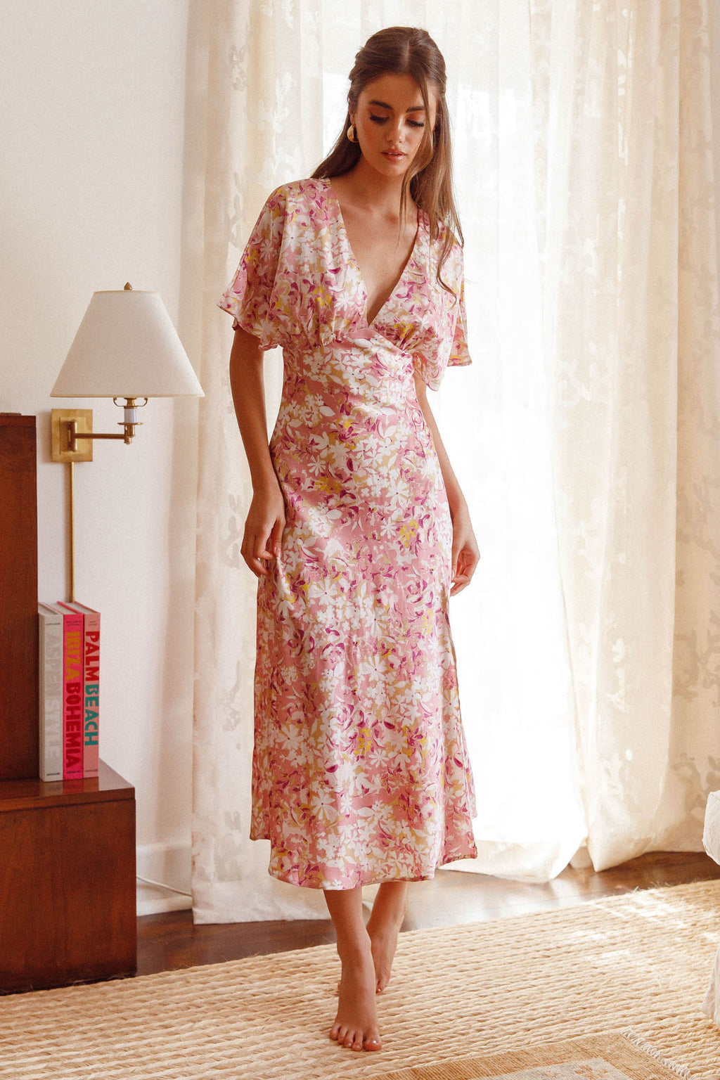 Graceful Batwing Sleeve Midi Dress Floral Pink by Selfie Leslie Australia