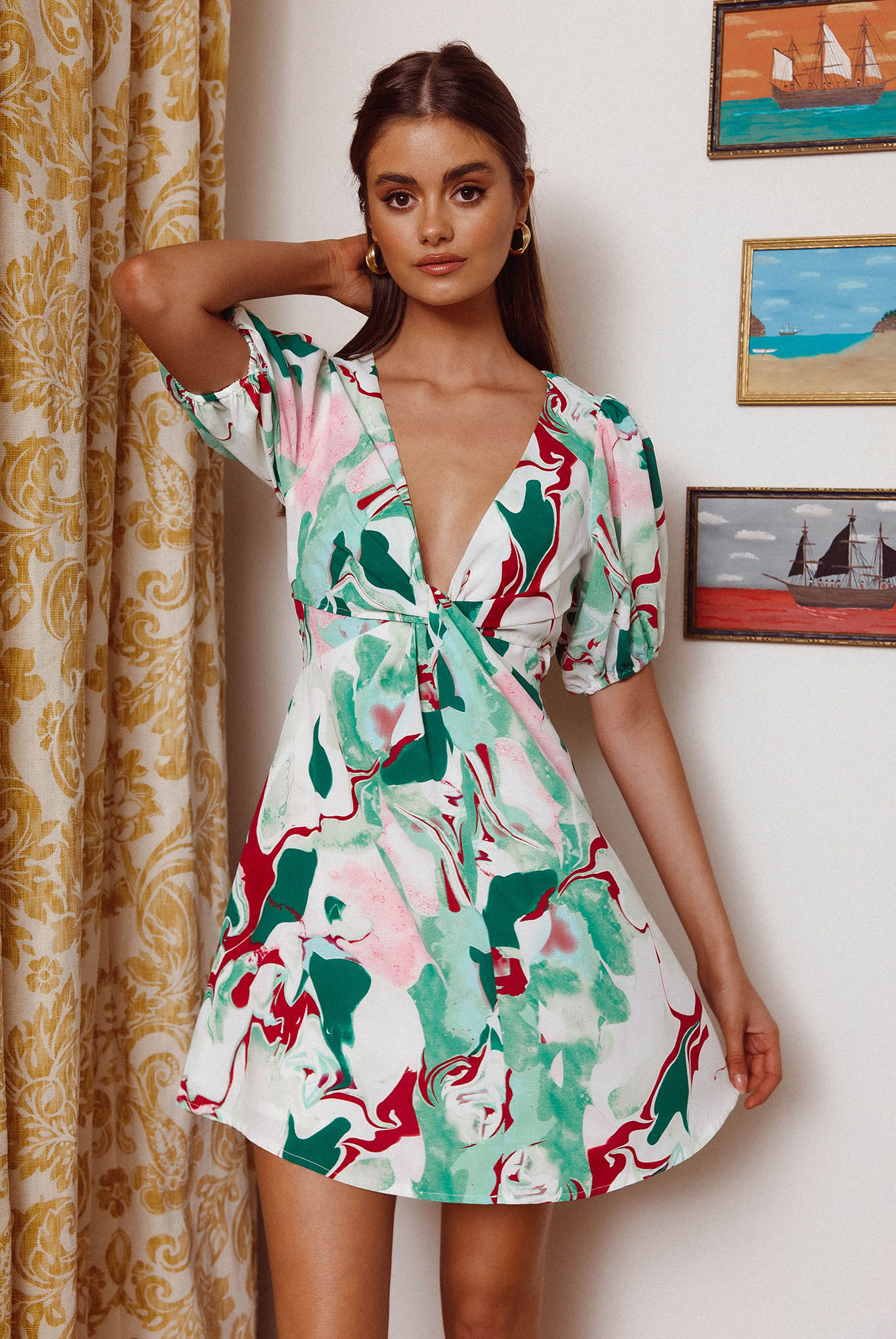 Anakin Twist Bust Mini Dress Swirl Green by Selfie Leslie Australia