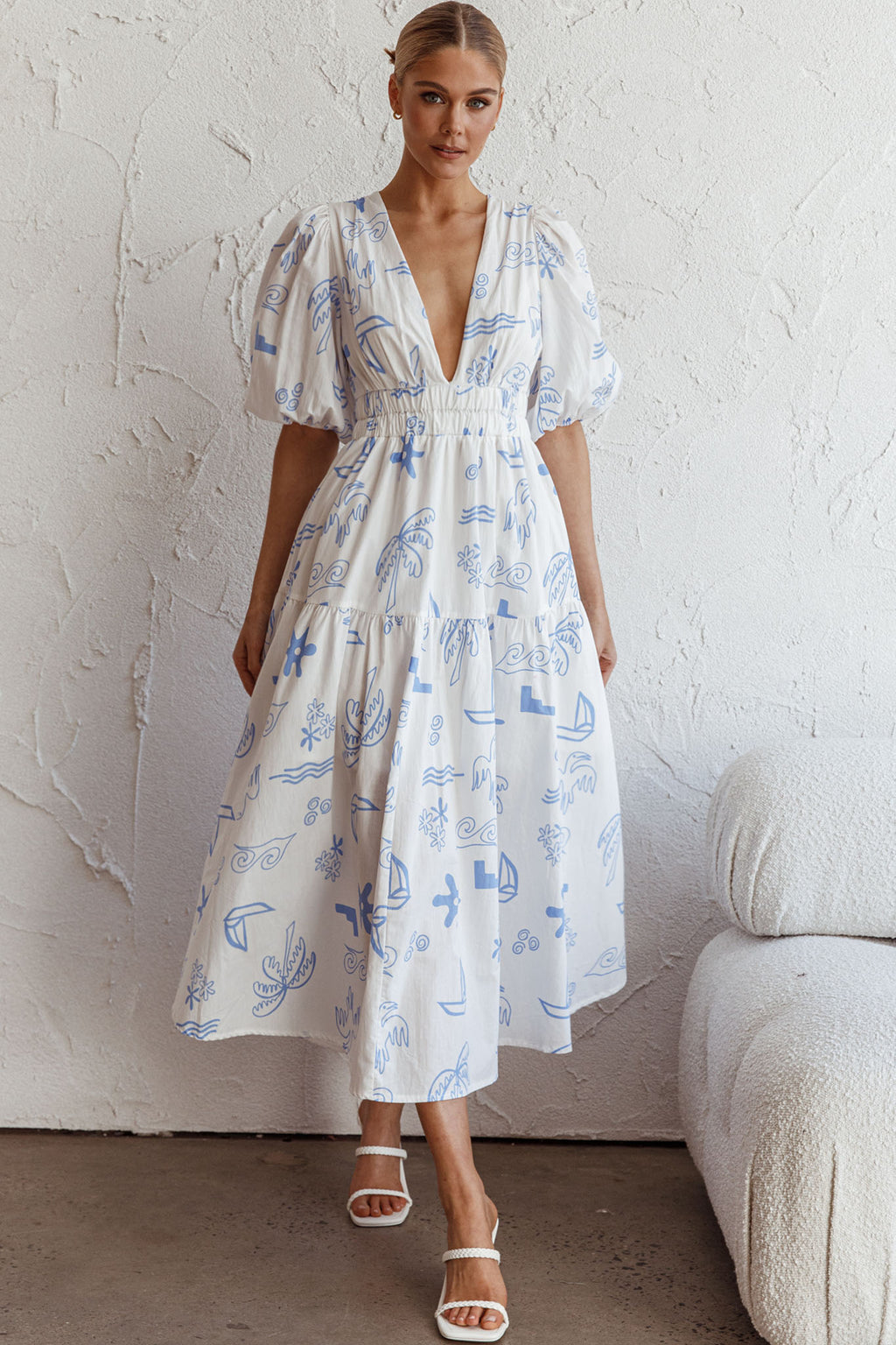 Summer Land V-Neckline Midi Dress Printed White by Selfie Leslie Australia